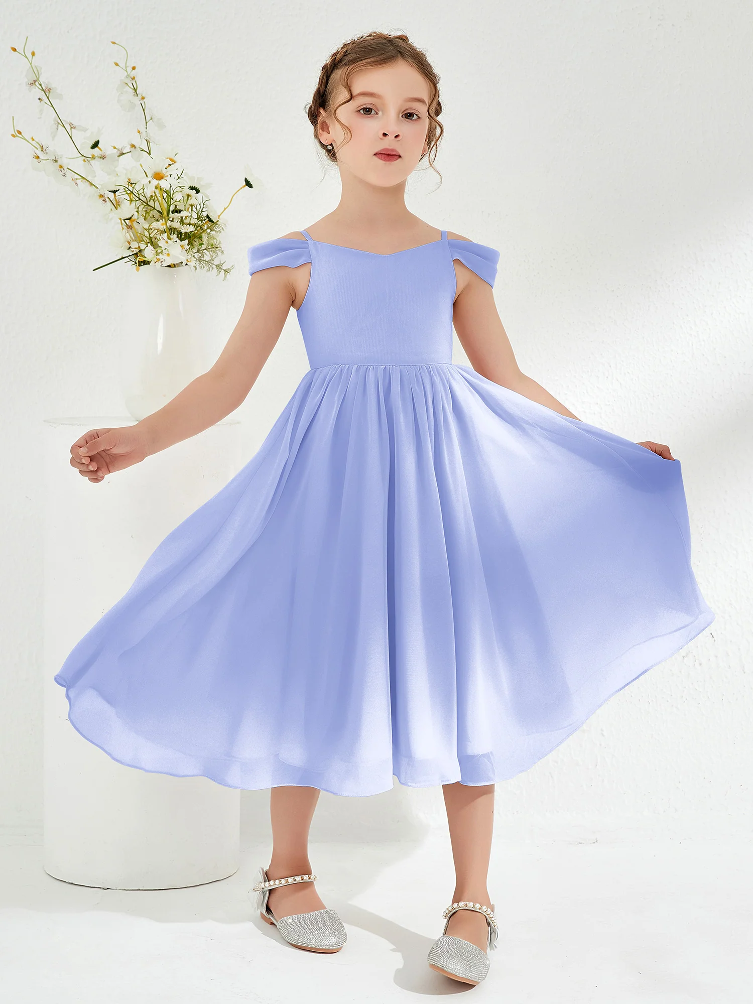 Off-the-shoulder Pleated Girl's Dress Lavender
