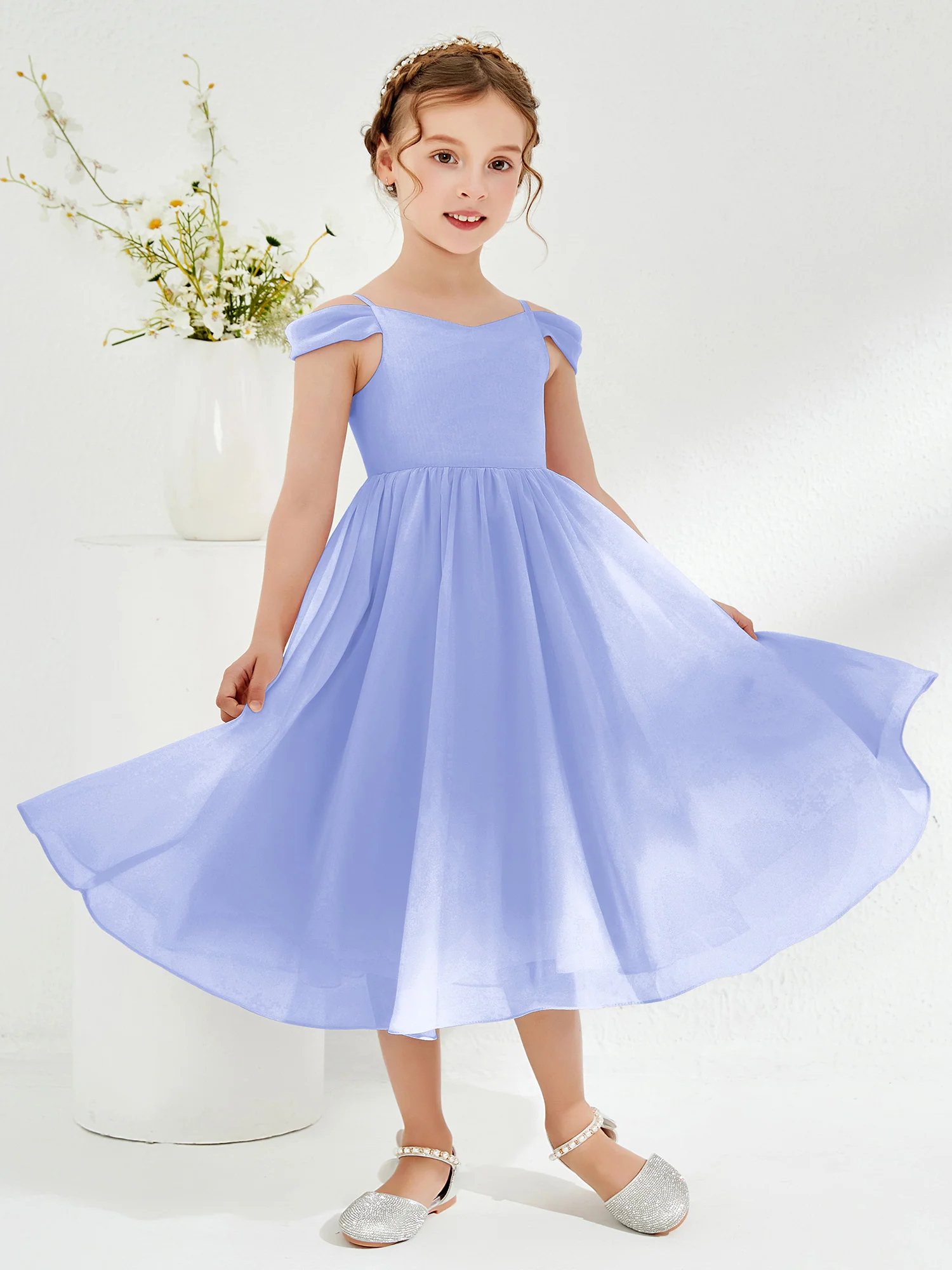 Off-the-shoulder Pleated Girl's Dress Lavender - Image 3