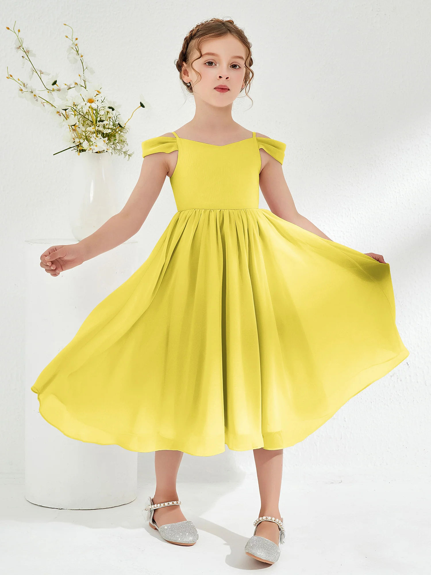 Off-the-shoulder Pleated Girl's Dress Lemon