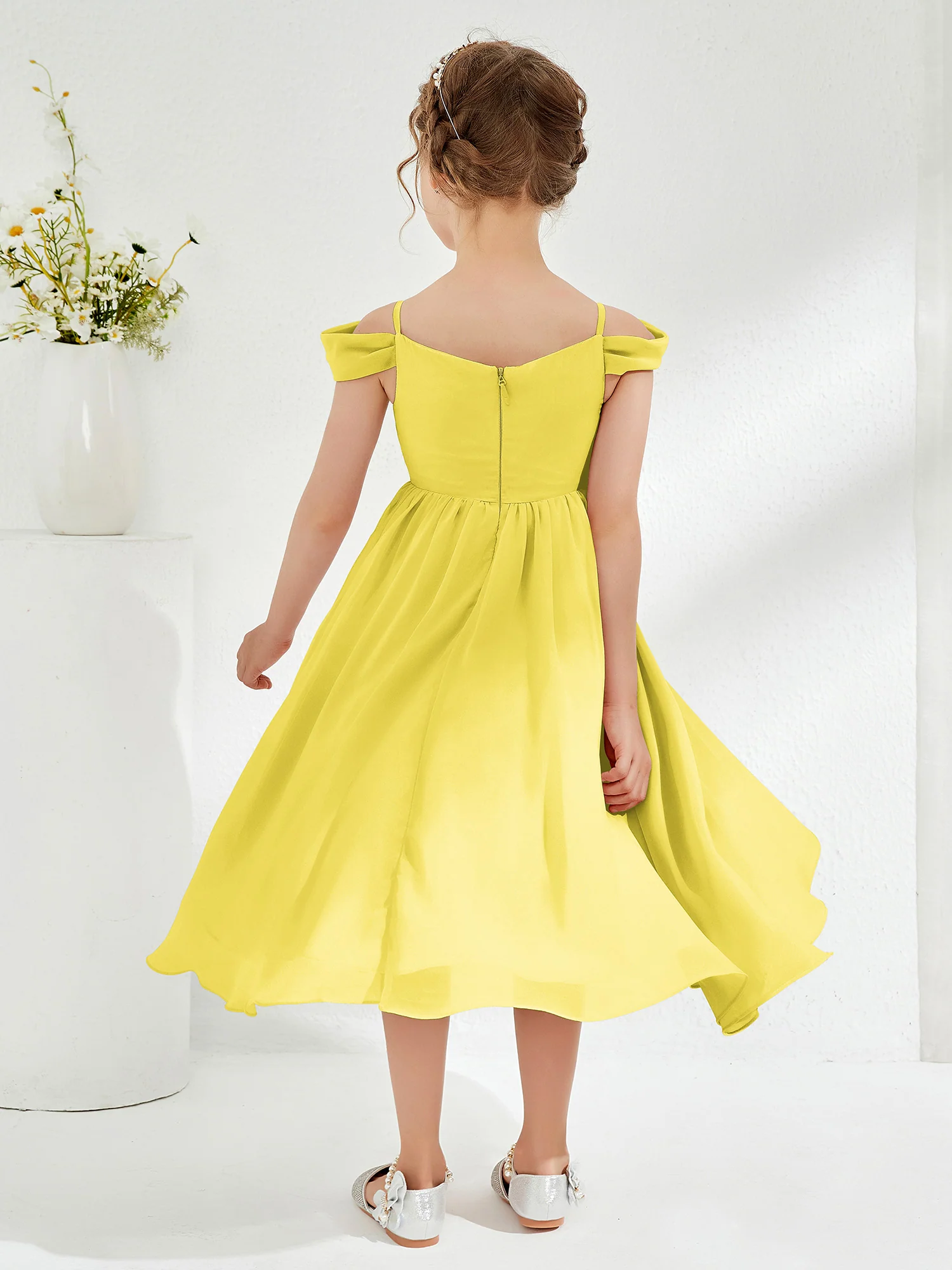 Off-the-shoulder Pleated Girl's Dress Lemon - Image 2