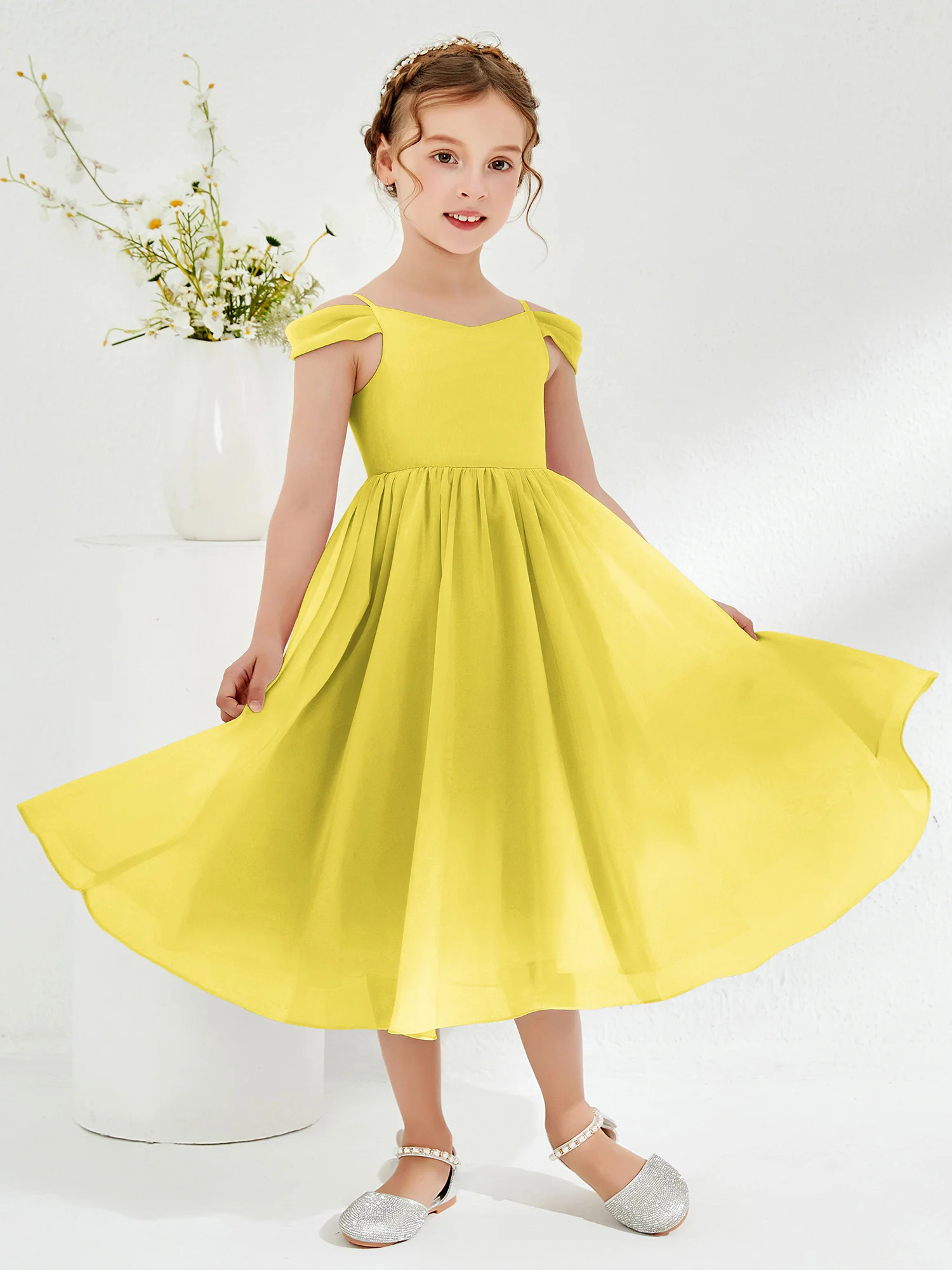 Off-the-shoulder Pleated Girl's Dress Lemon - Image 3