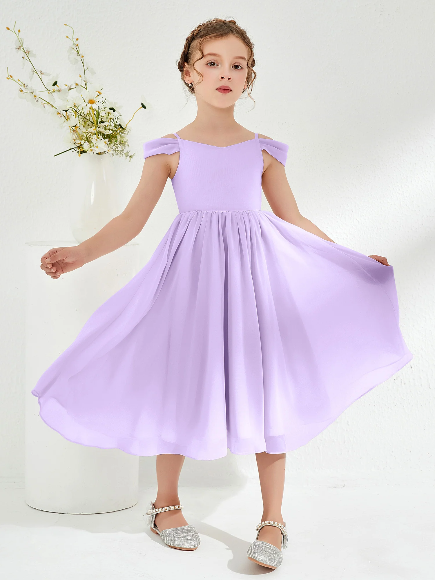 Off-the-shoulder Pleated Girl's Dress Lilac