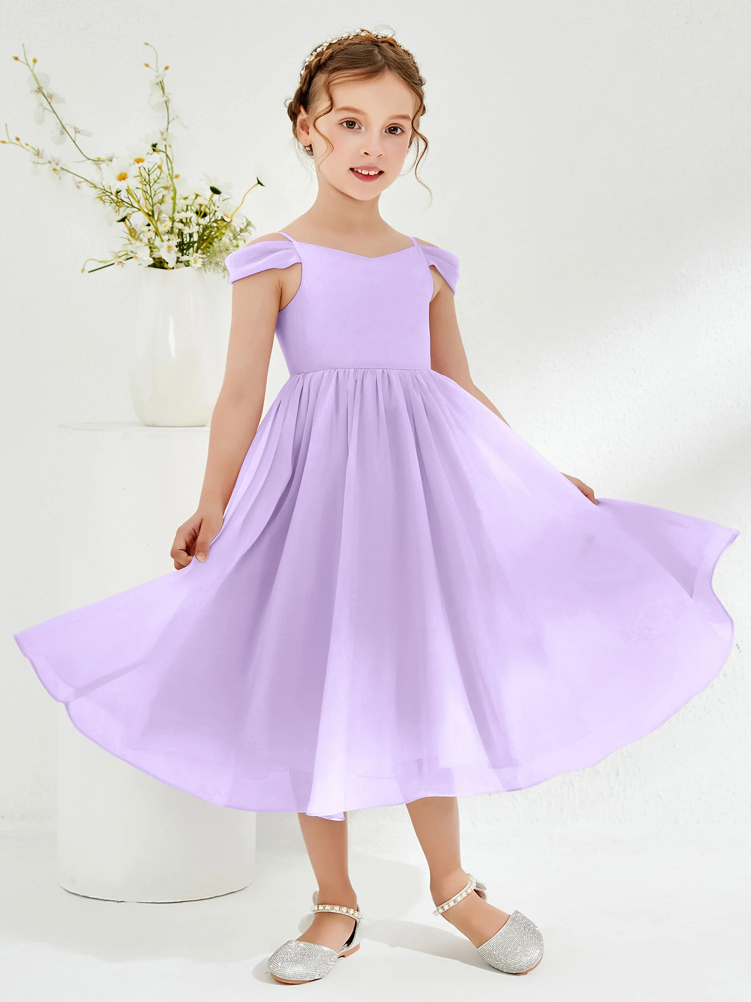 Off-the-shoulder Pleated Girl's Dress Lilac - Image 3