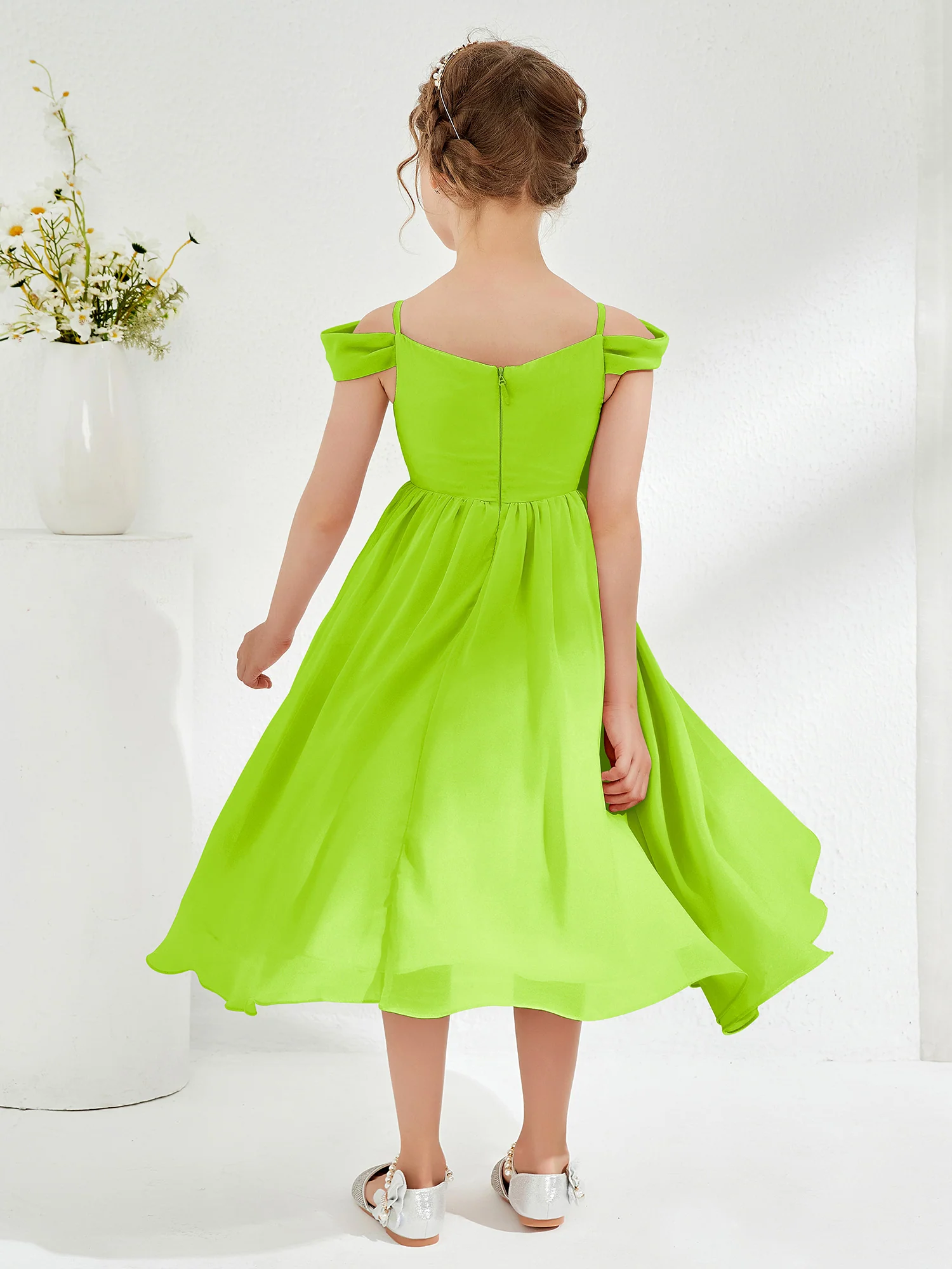 Off-the-shoulder Pleated Girl's Dress Lime Green - Image 2