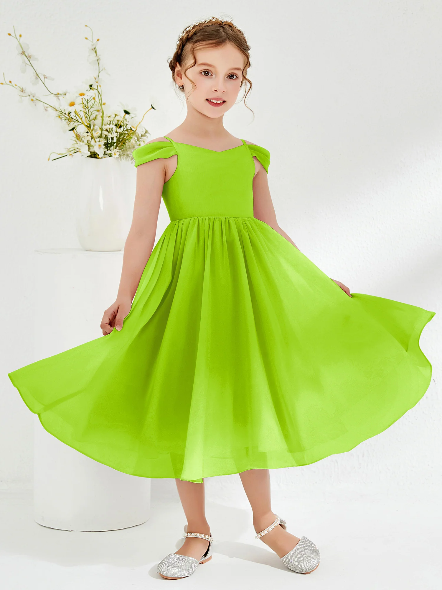 Off-the-shoulder Pleated Girl's Dress Lime Green - Image 3