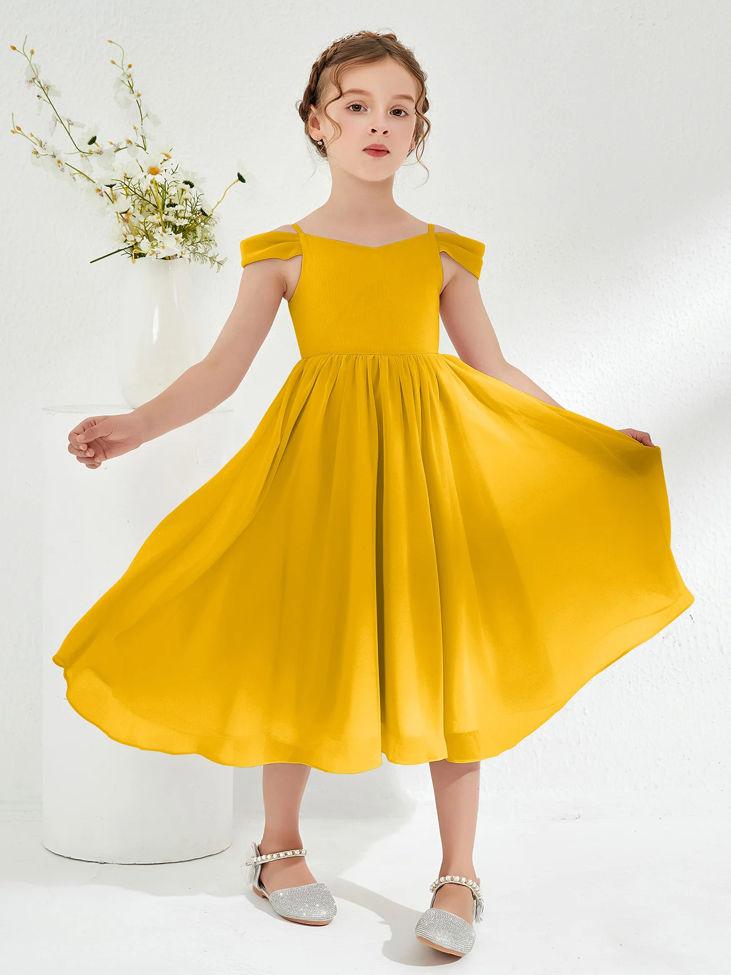 Off-the-shoulder Pleated Girl's Dress Marigold