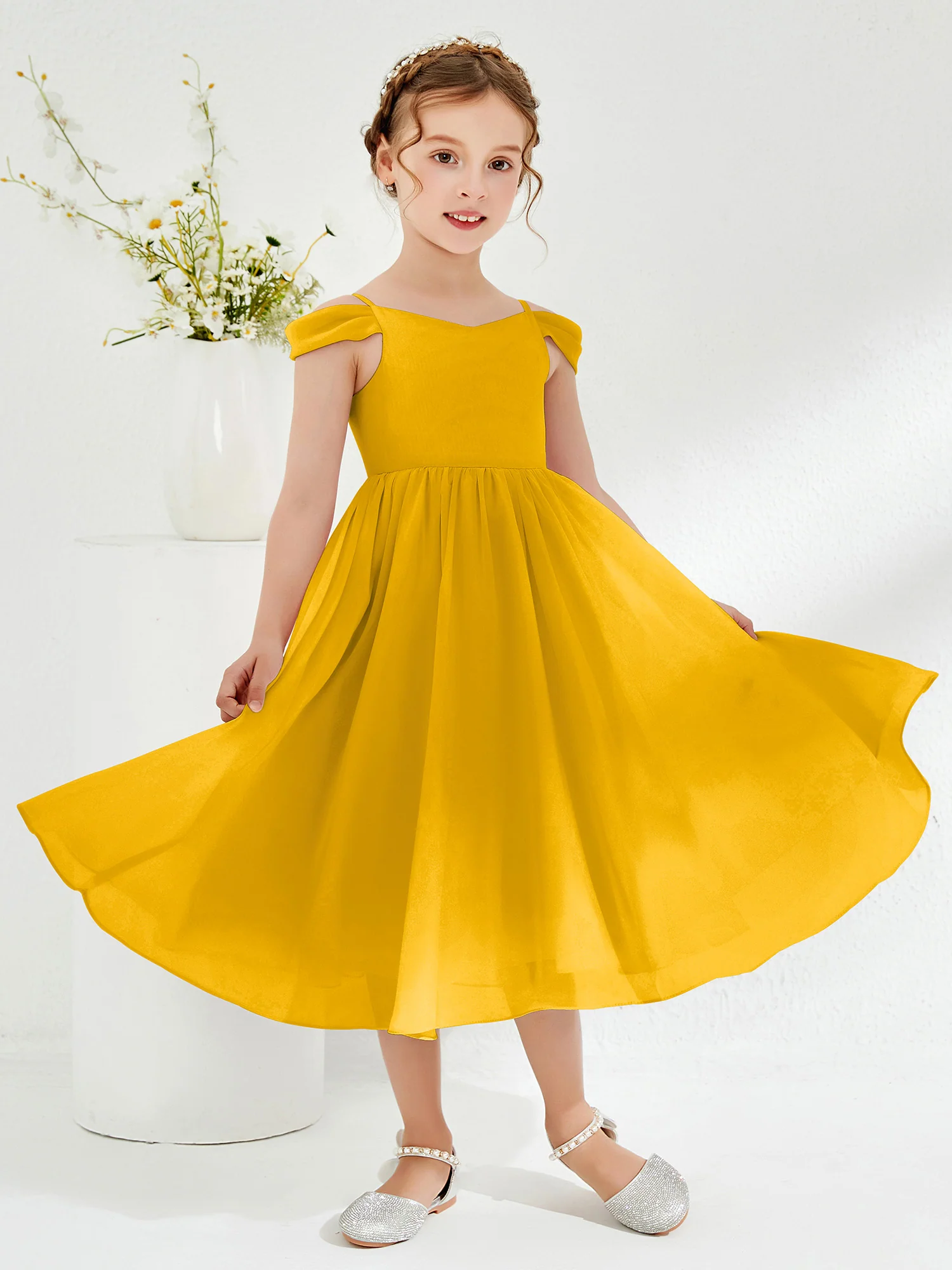 Off-the-shoulder Pleated Girl's Dress Marigold - Image 3