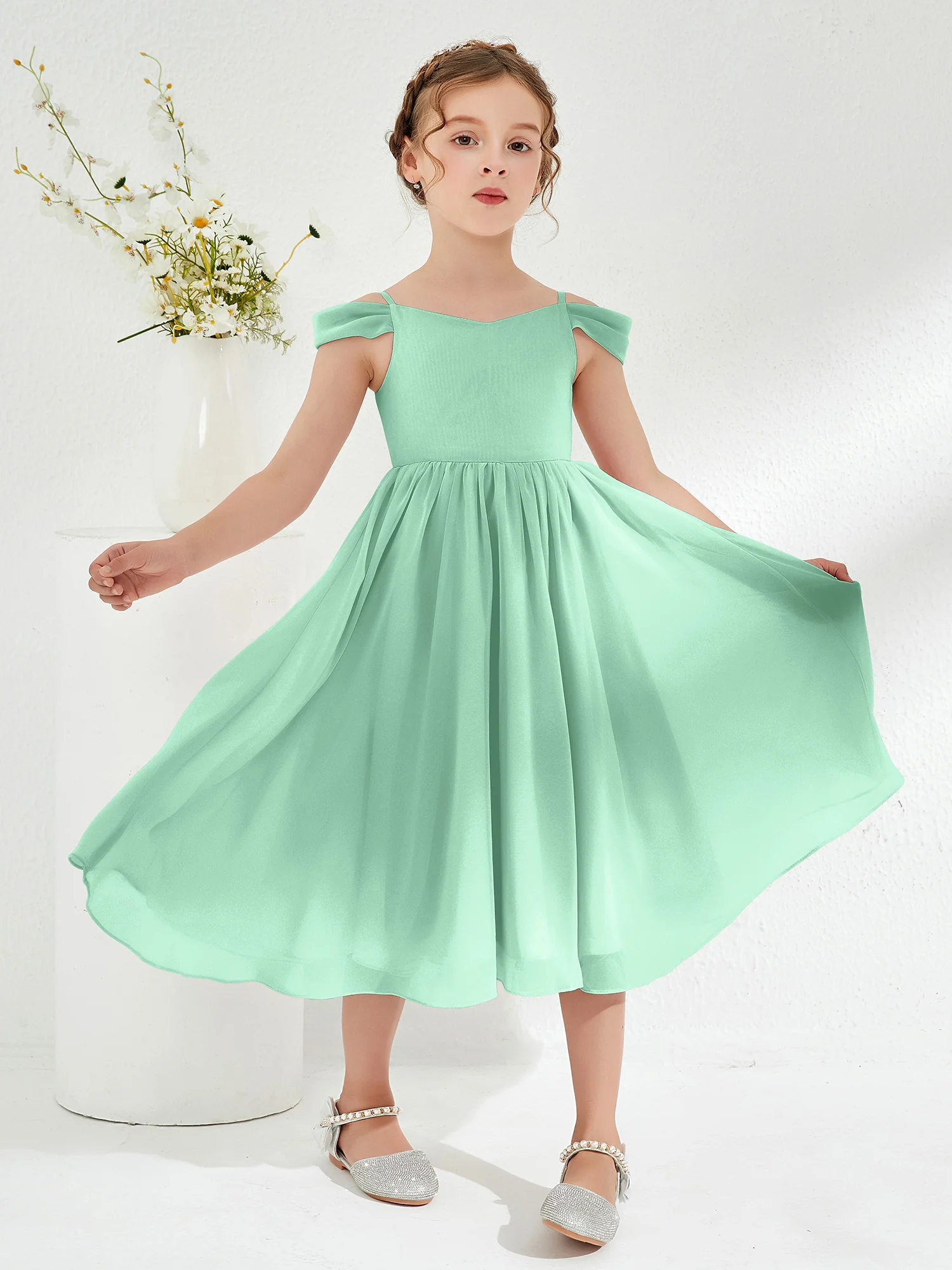 Off-the-shoulder Pleated Girl's Dress Mint Green