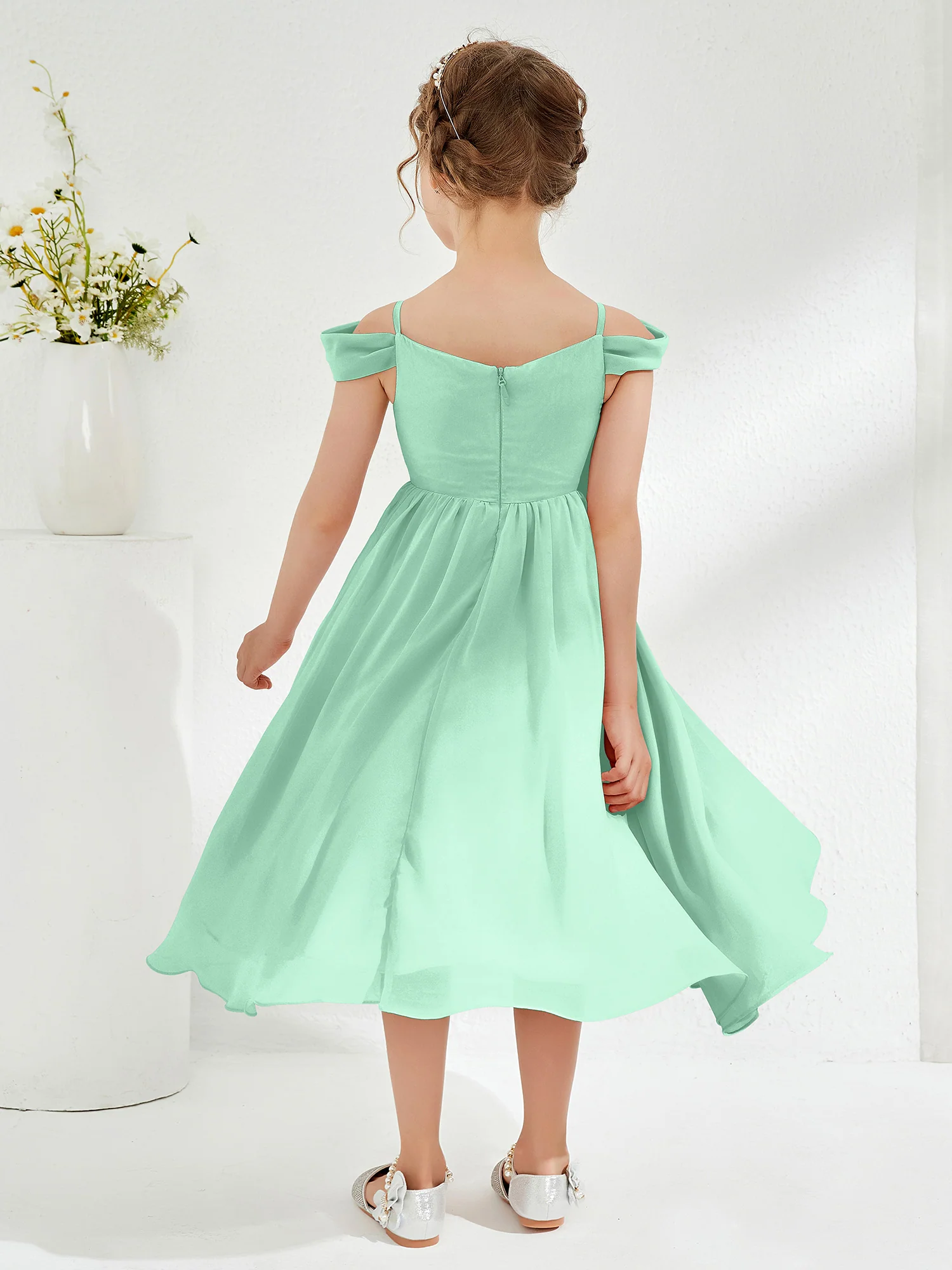 Off-the-shoulder Pleated Girl's Dress Mint Green - Image 2