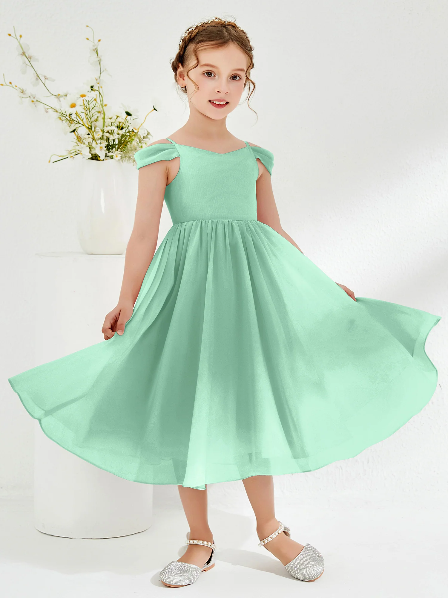 Off-the-shoulder Pleated Girl's Dress Mint Green - Image 3