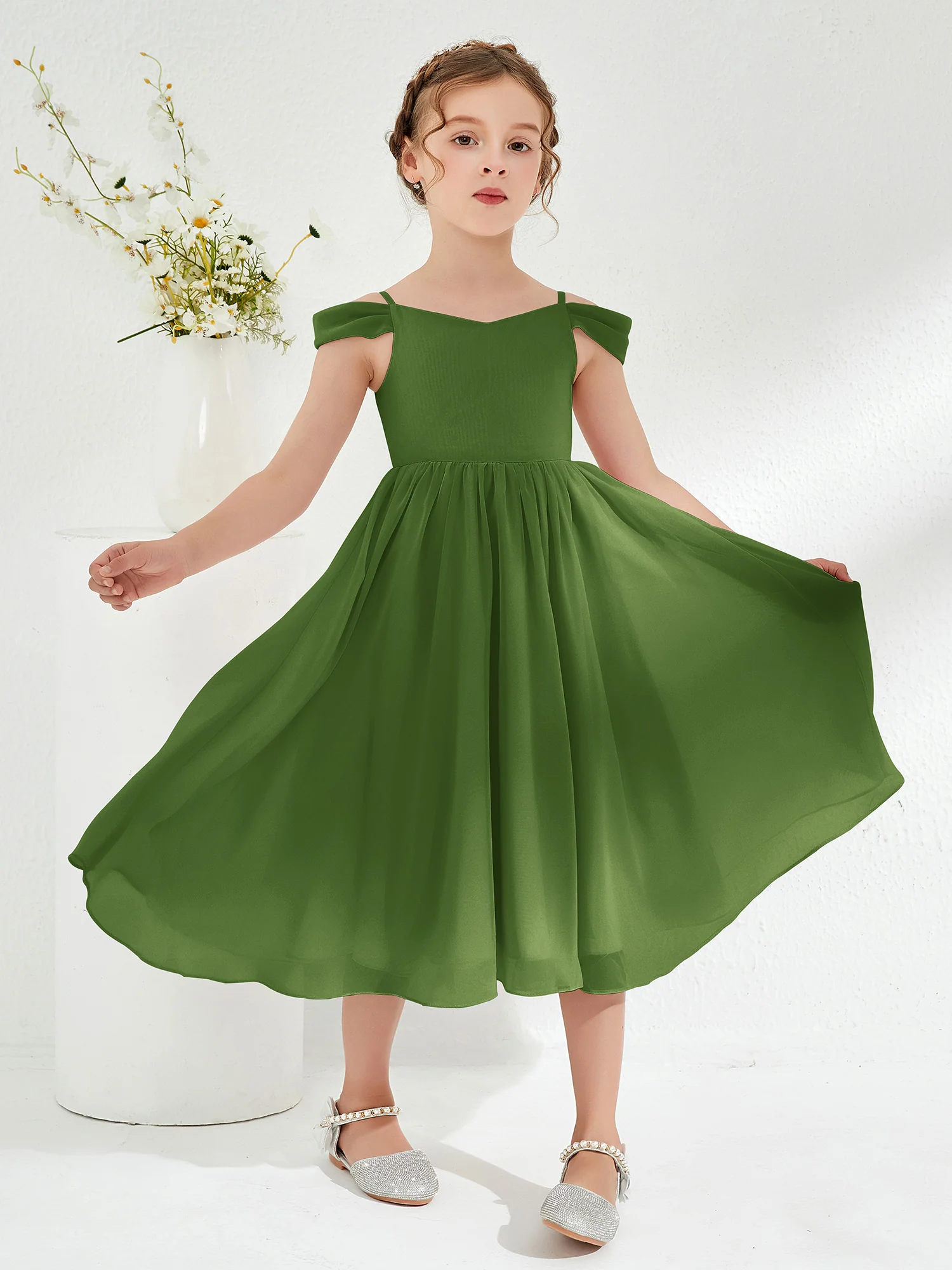 Off-the-shoulder Pleated Girl's Dress Moss