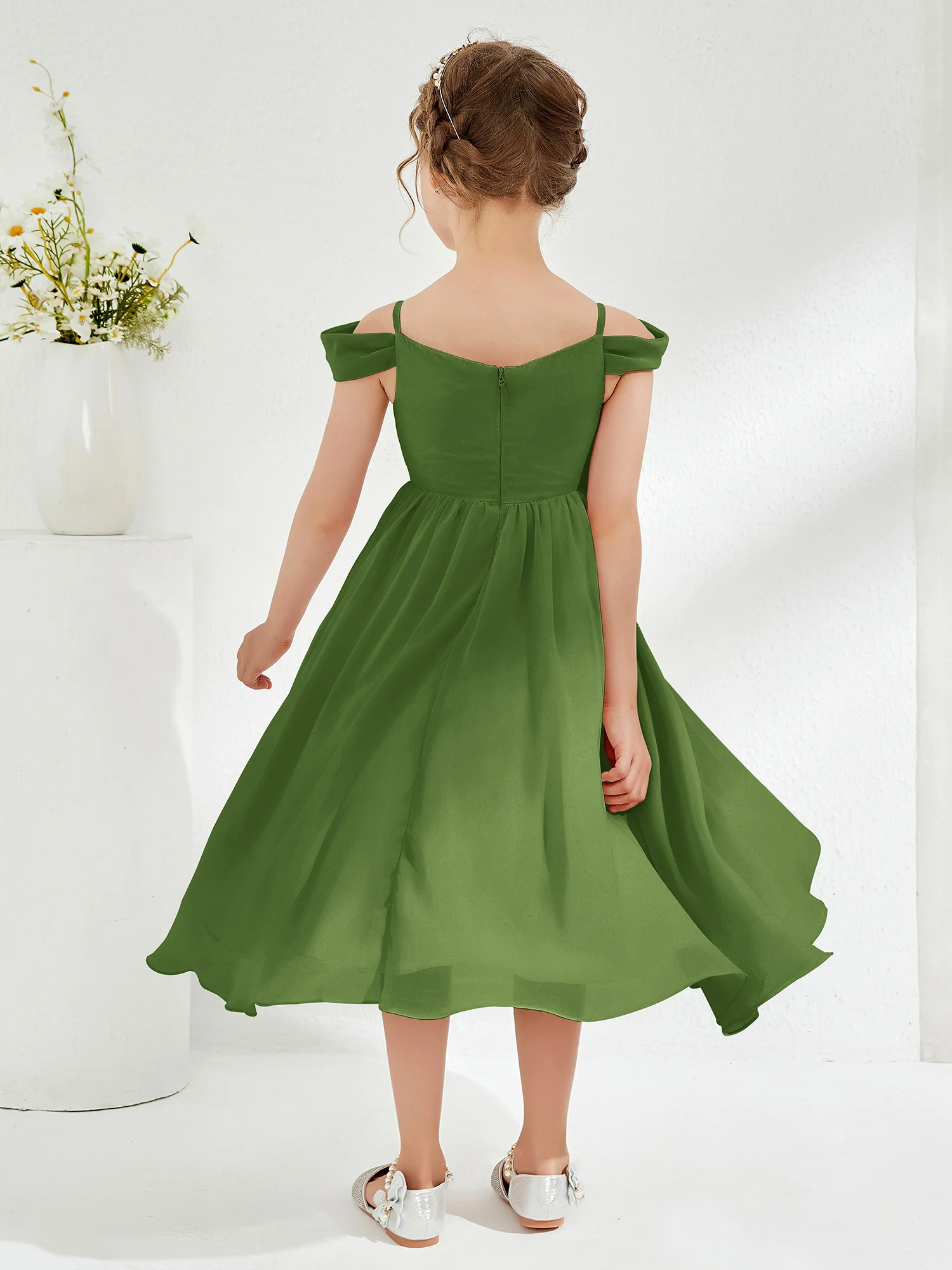 Off-the-shoulder Pleated Girl's Dress Moss - Image 2