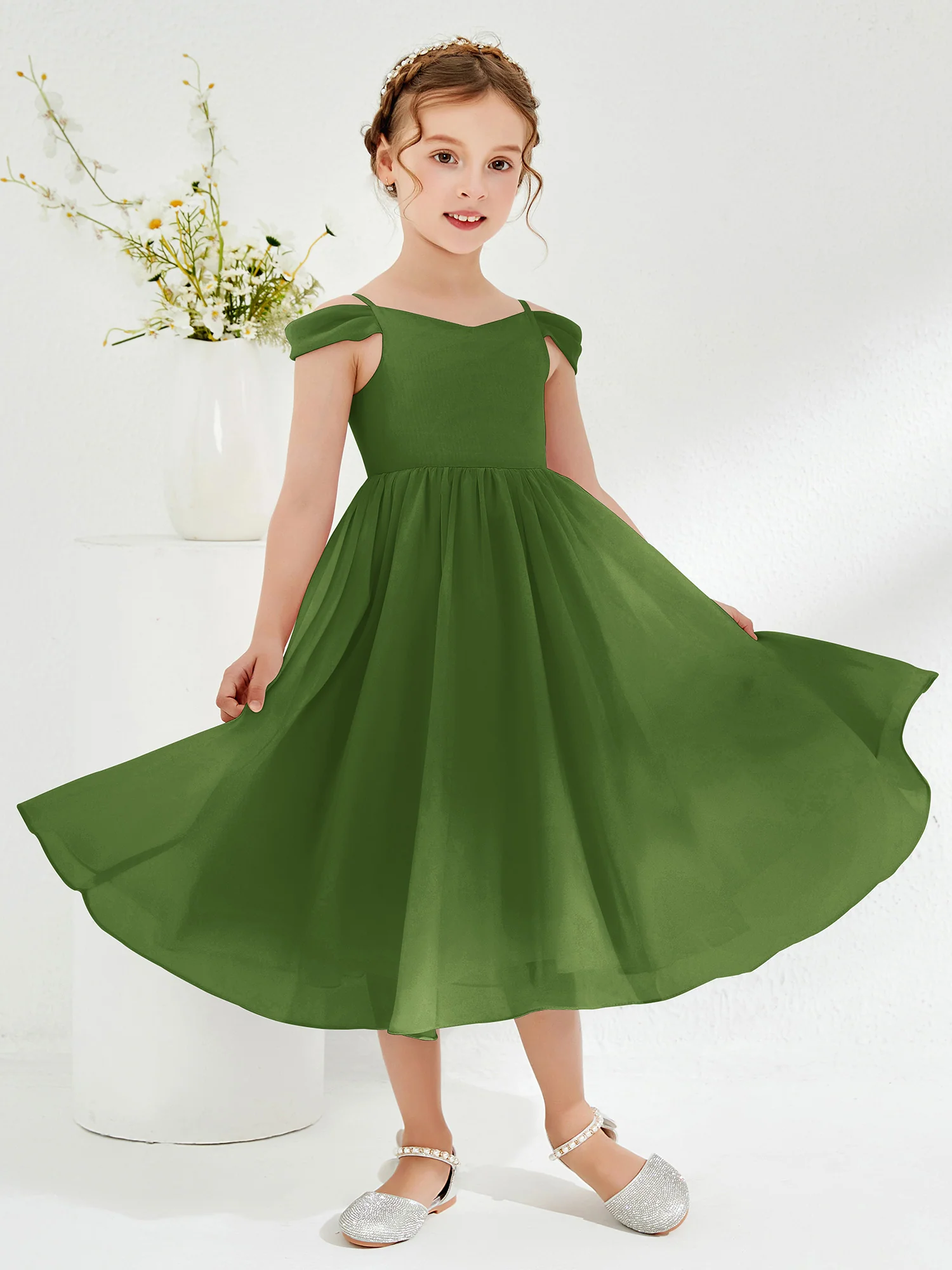 Off-the-shoulder Pleated Girl's Dress Moss - Image 3