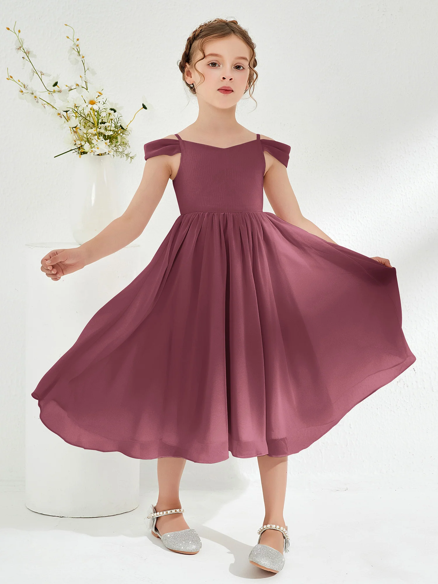 Off-the-shoulder Pleated Girl's Dress Mulberry