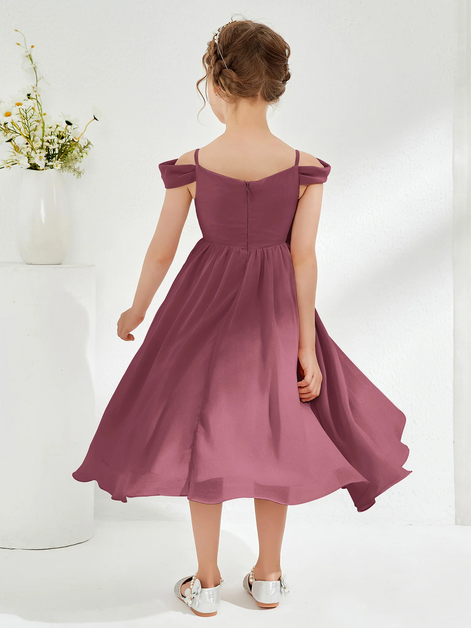 Off-the-shoulder Pleated Girl's Dress Mulberry - Image 2