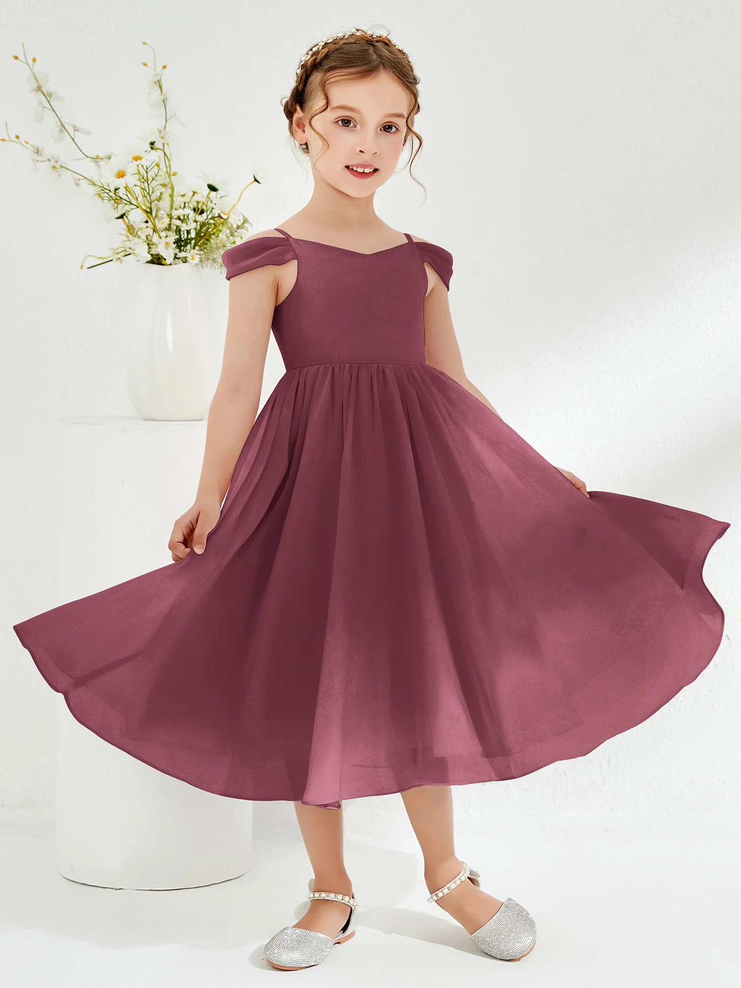 Off-the-shoulder Pleated Girl's Dress Mulberry - Image 3
