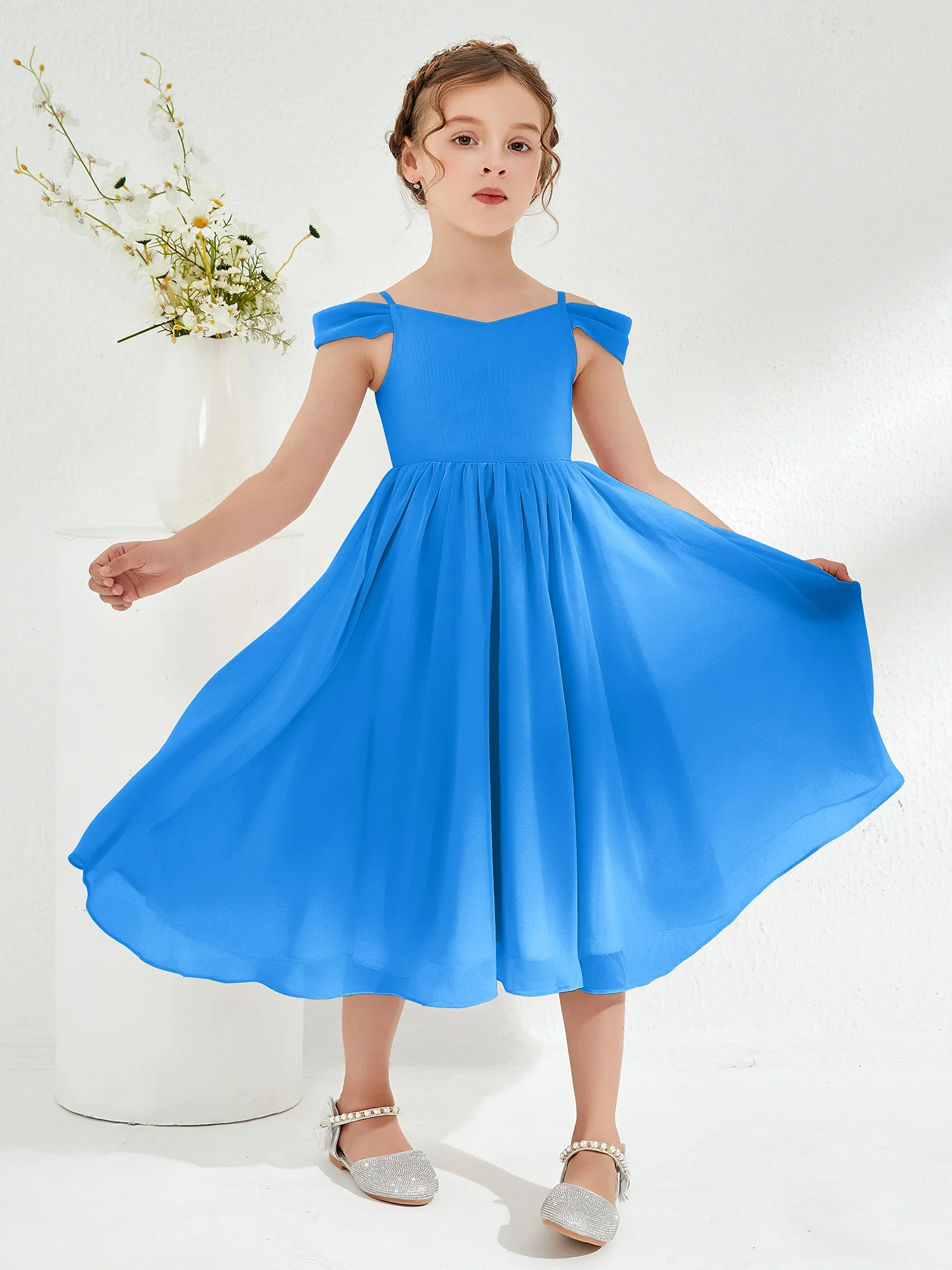 Off-the-shoulder Pleated Girl's Dress Ocean Blue