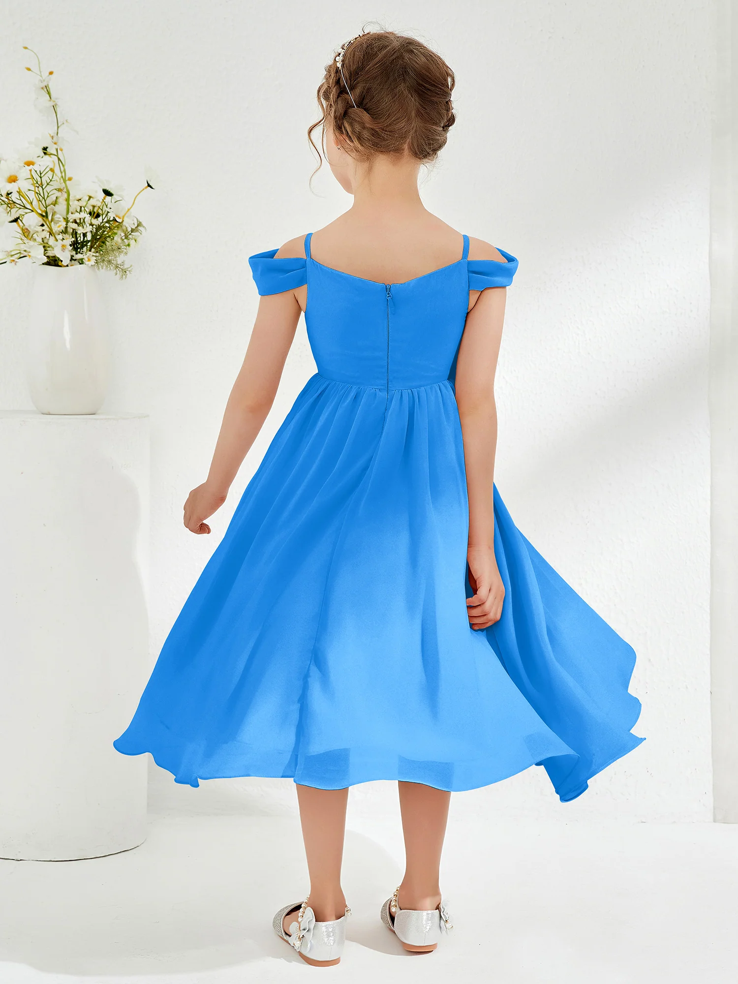 Off-the-shoulder Pleated Girl's Dress Ocean Blue - Image 2