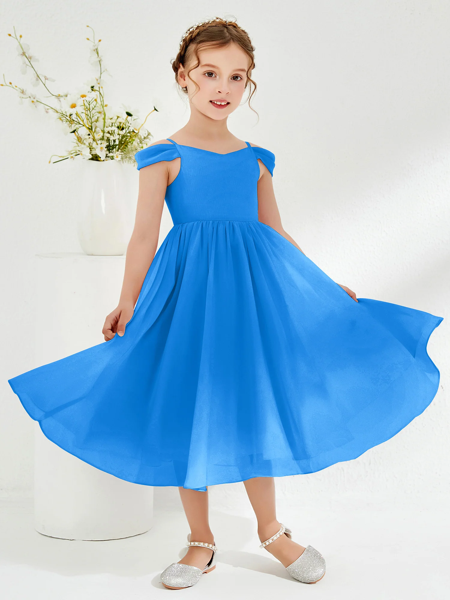 Off-the-shoulder Pleated Girl's Dress Ocean Blue - Image 3
