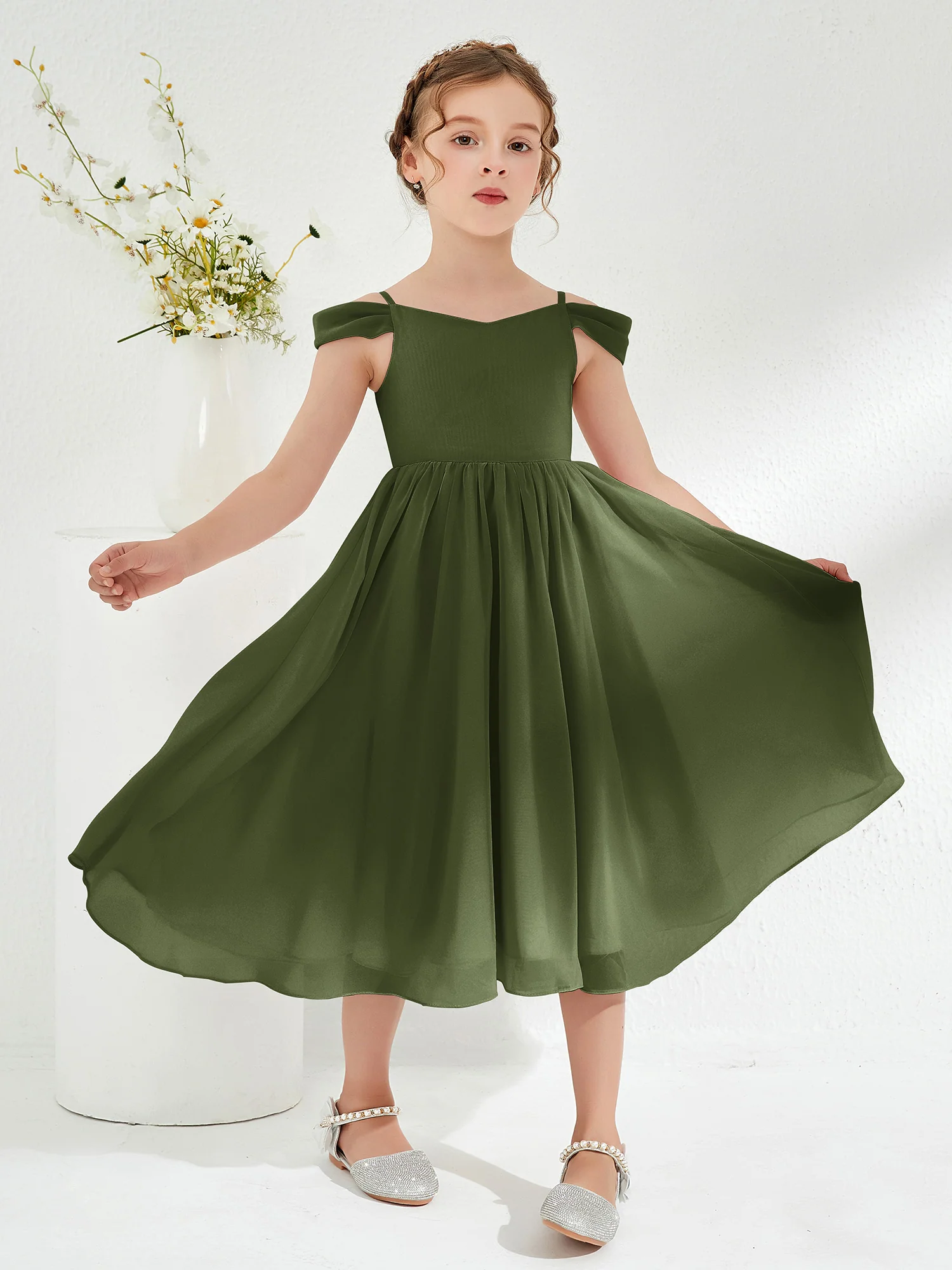 Off-the-shoulder Pleated Girl's Dress Olive Green