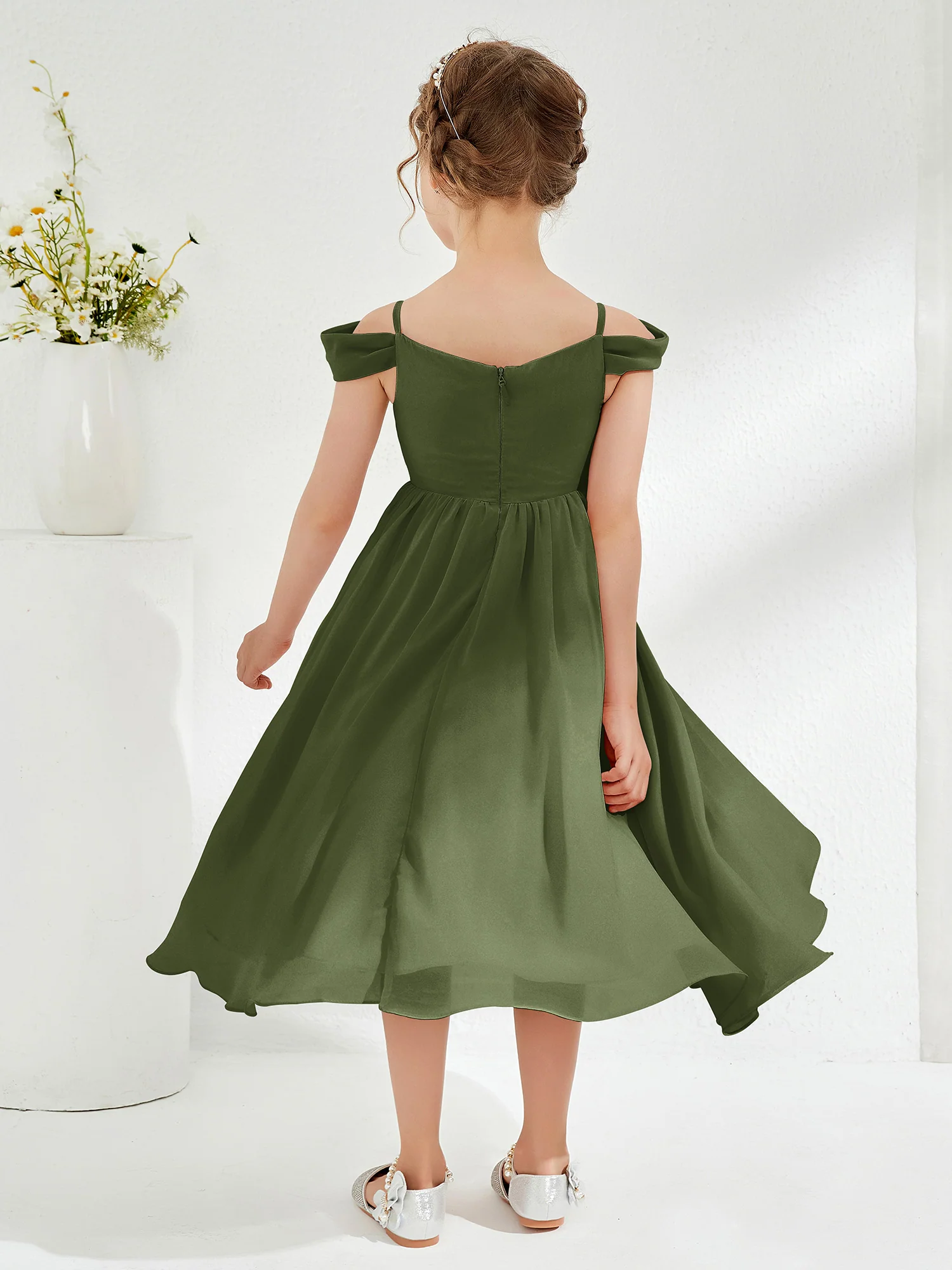 Off-the-shoulder Pleated Girl's Dress Olive Green - Image 2