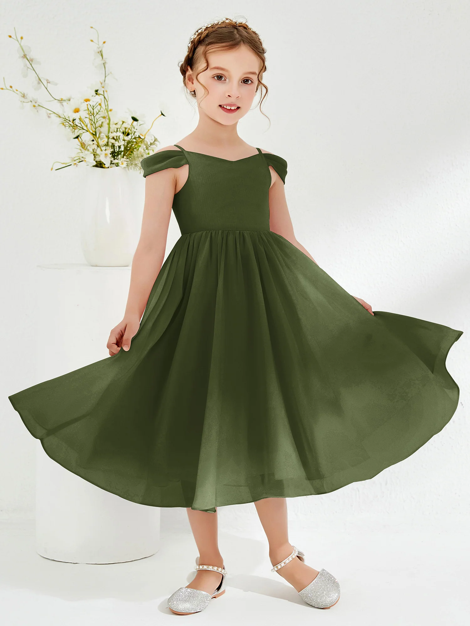 Off-the-shoulder Pleated Girl's Dress Olive Green - Image 3