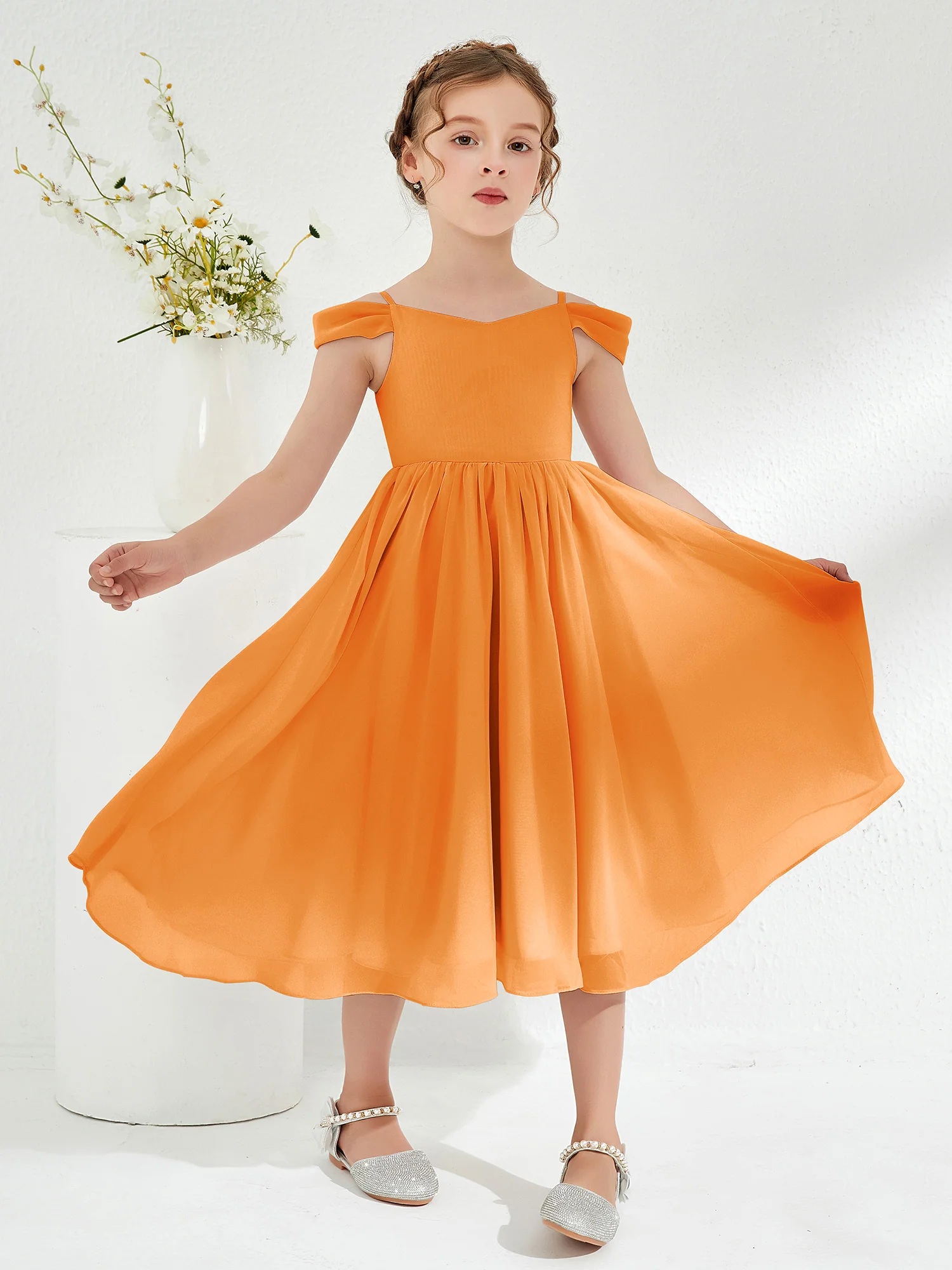 Off-the-shoulder Pleated Girl's Dress Orange