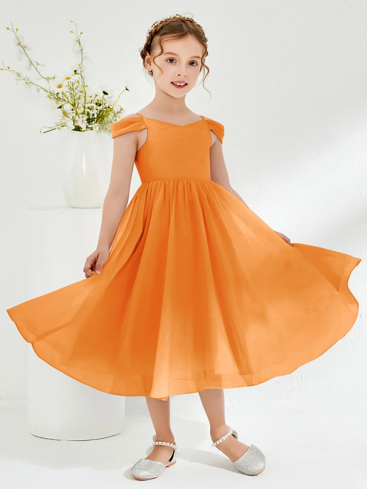 Off-the-shoulder Pleated Girl's Dress Orange - Image 3