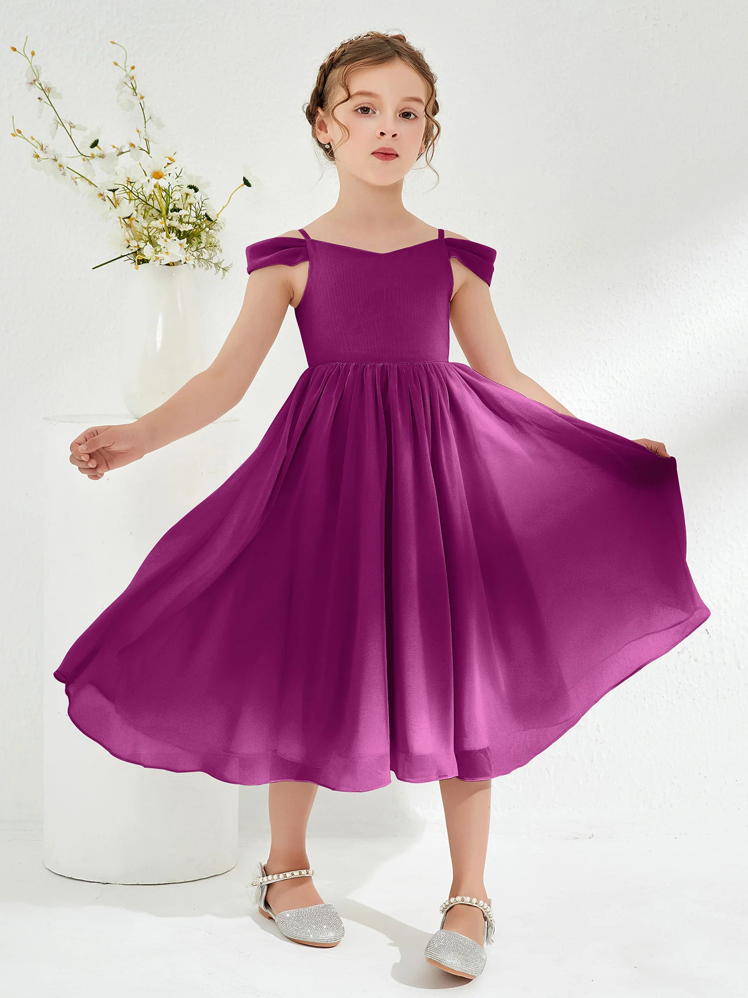 Off-the-shoulder Pleated Girl's Dress Orchid
