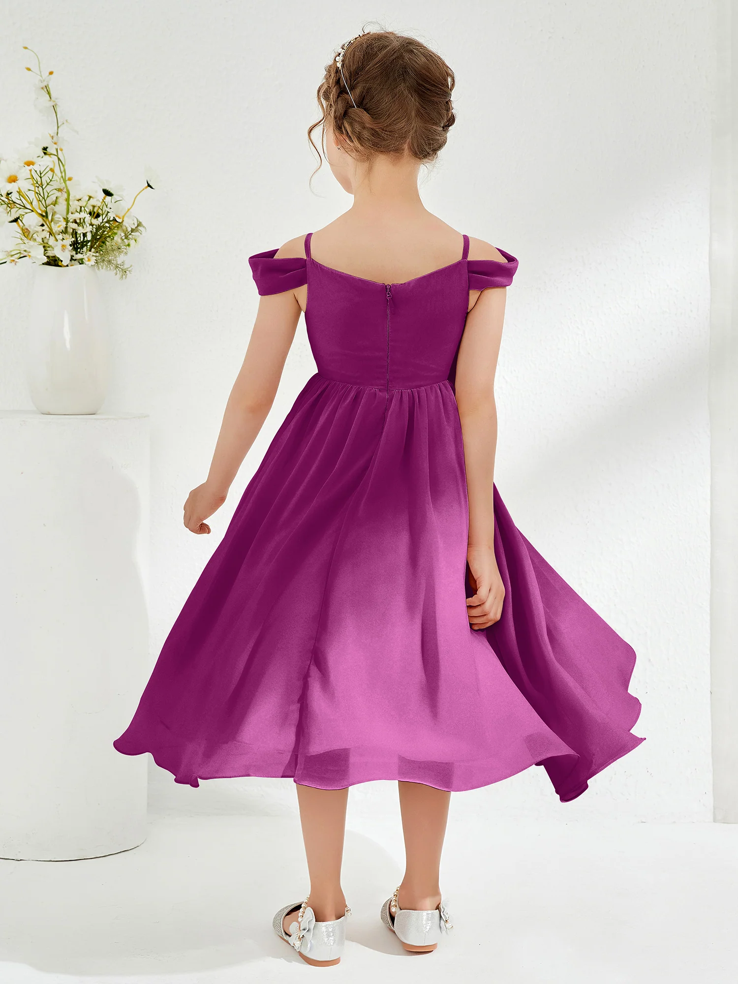 Off-the-shoulder Pleated Girl's Dress Orchid - Image 2