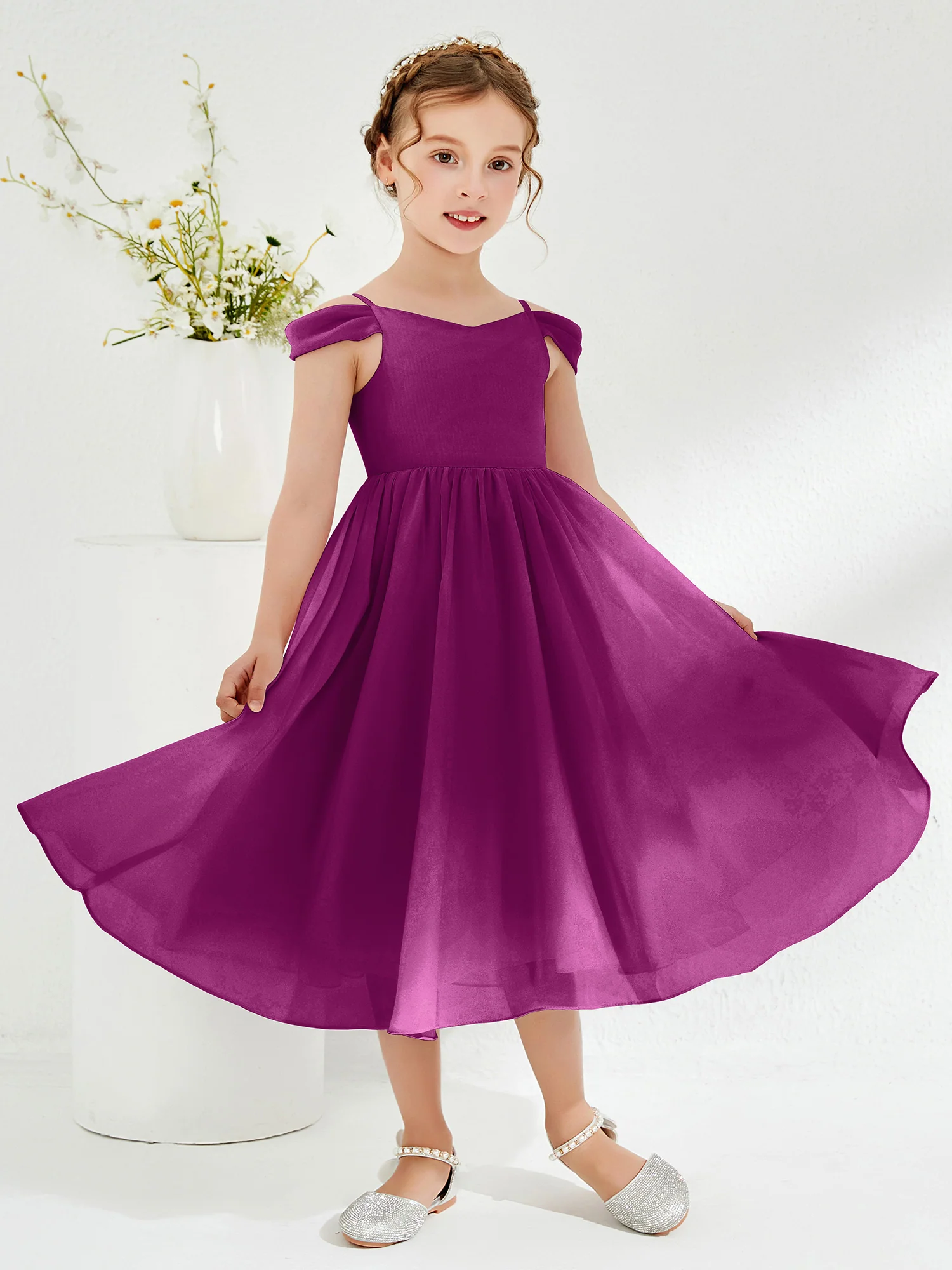 Off-the-shoulder Pleated Girl's Dress Orchid - Image 3