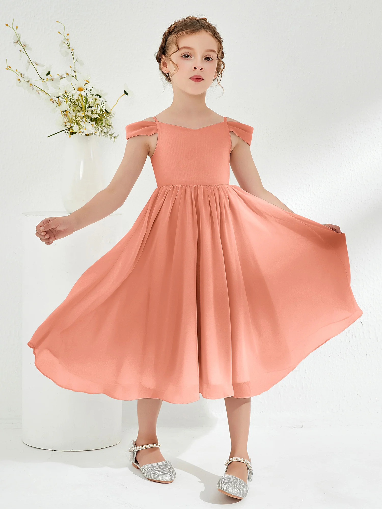 Off-the-shoulder Pleated Girl's Dress Papaya
