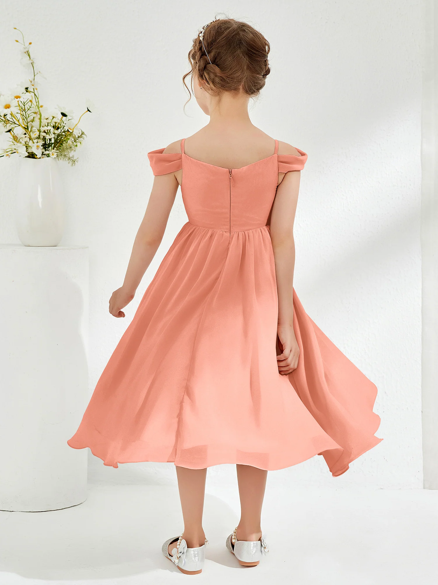 Off-the-shoulder Pleated Girl's Dress Papaya - Image 2