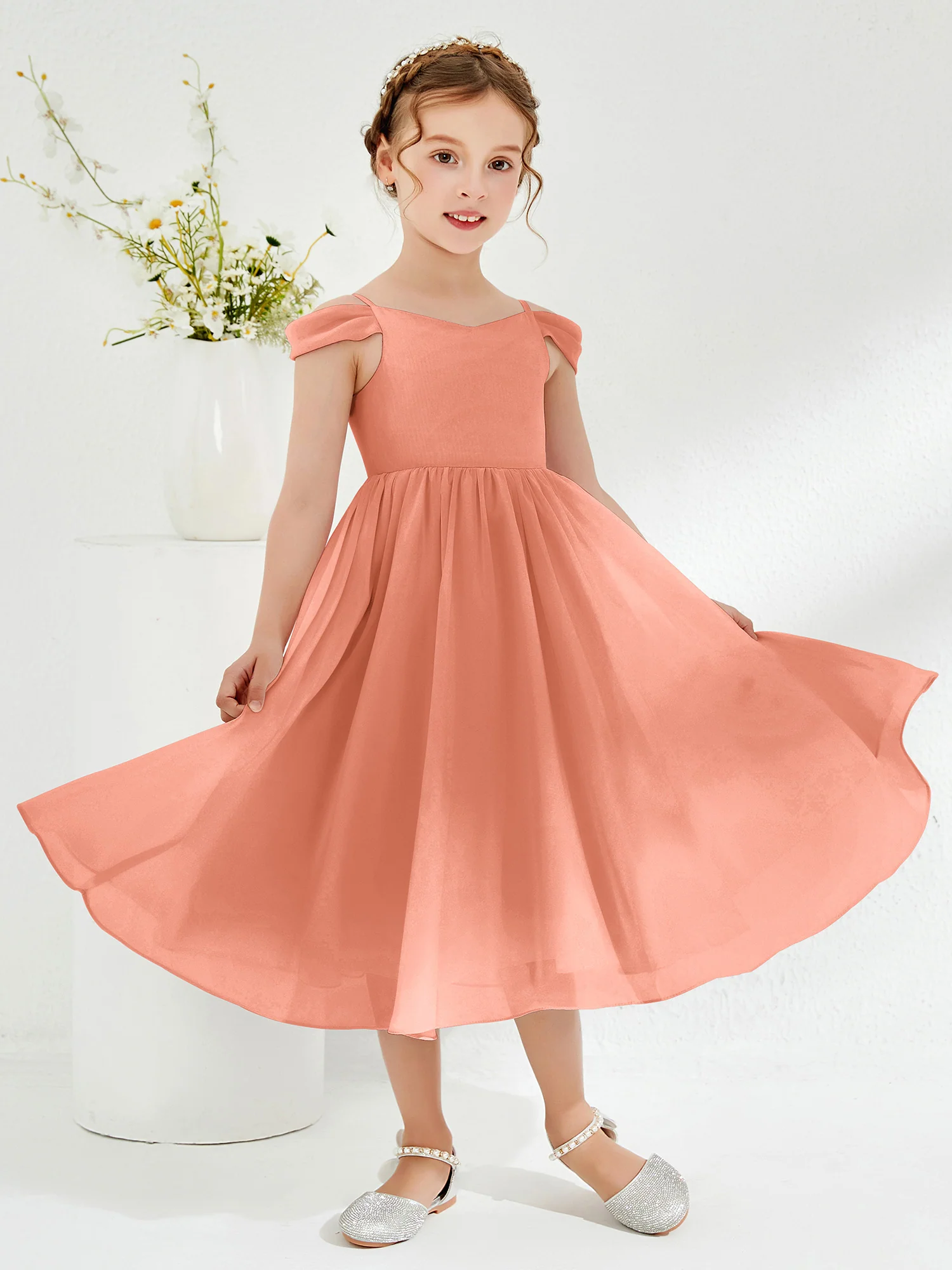 Off-the-shoulder Pleated Girl's Dress Papaya - Image 3