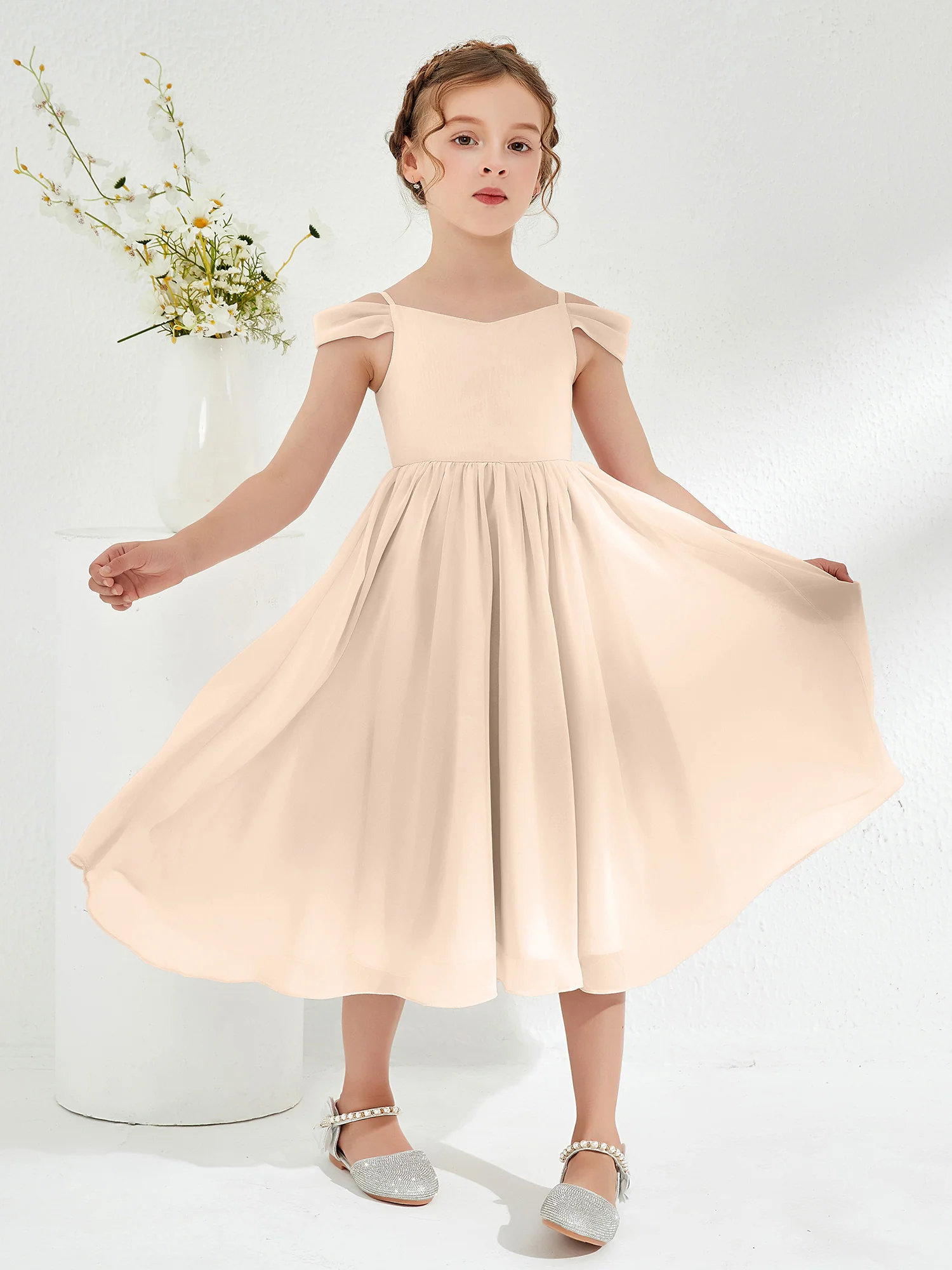 Off-the-shoulder Pleated Girl's Dress Peach