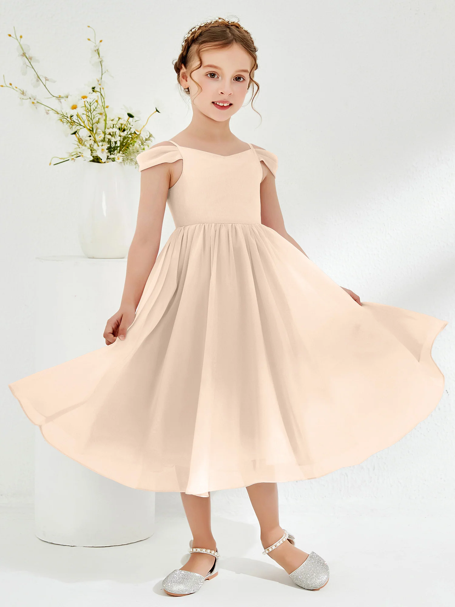 Off-the-shoulder Pleated Girl's Dress Peach - Image 3