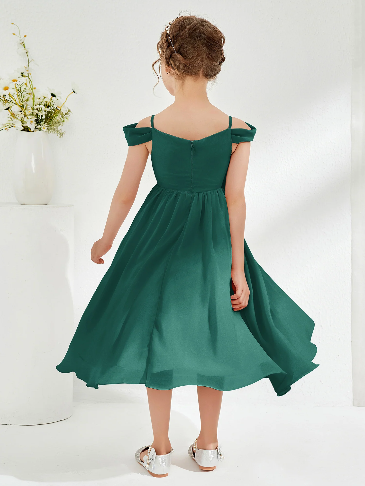 Off-the-shoulder Pleated Girl's Dress Peacock - Image 2