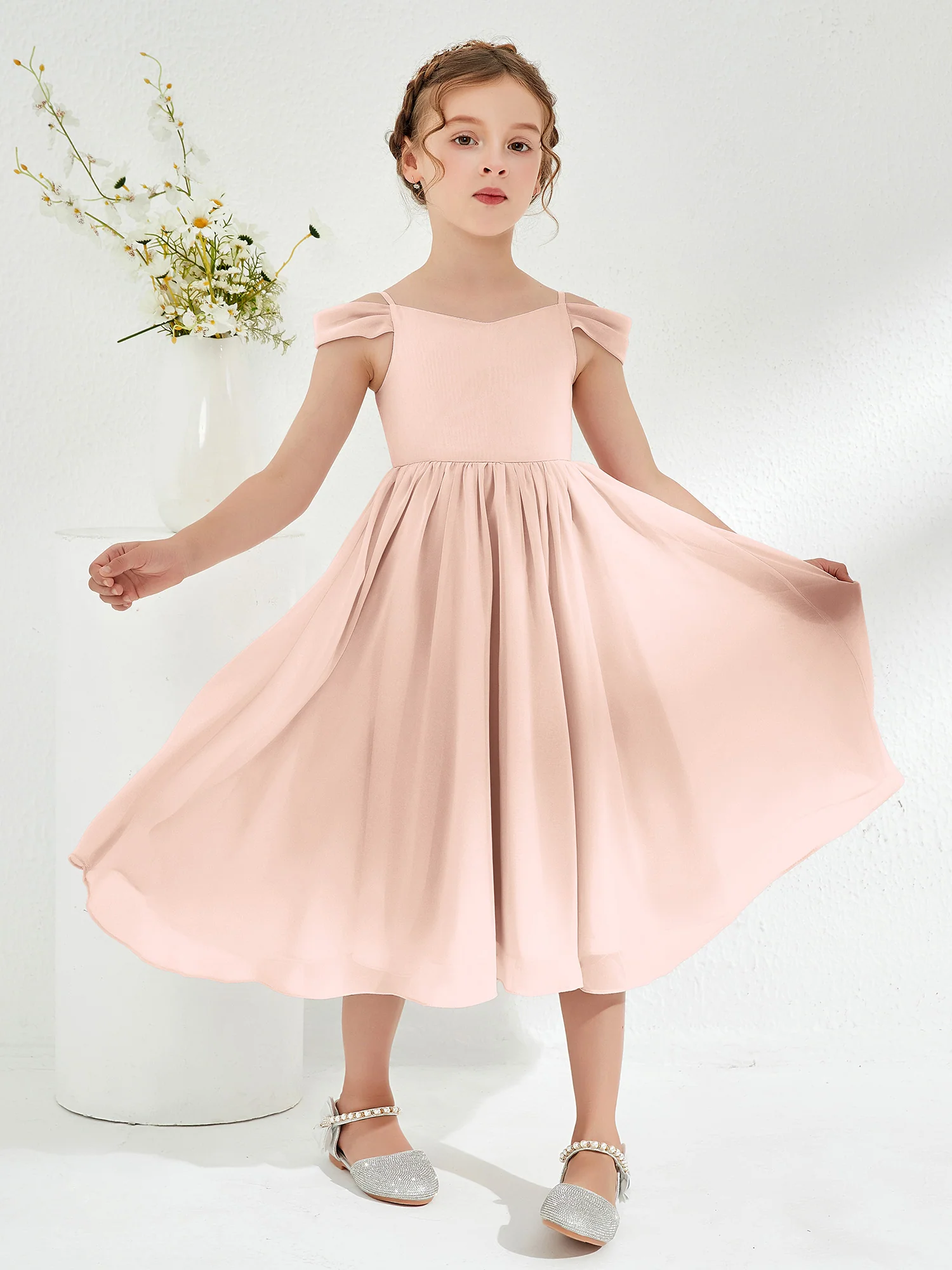 Off-the-shoulder Pleated Girl's Dress Pearl Pink