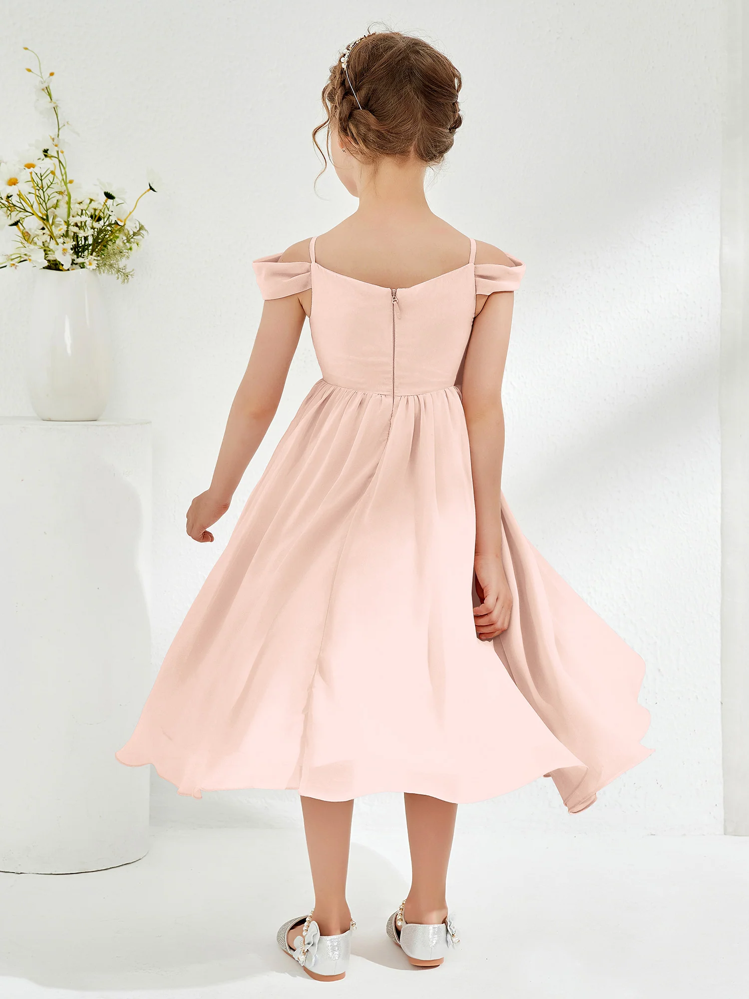 Off-the-shoulder Pleated Girl's Dress Pearl Pink - Image 2