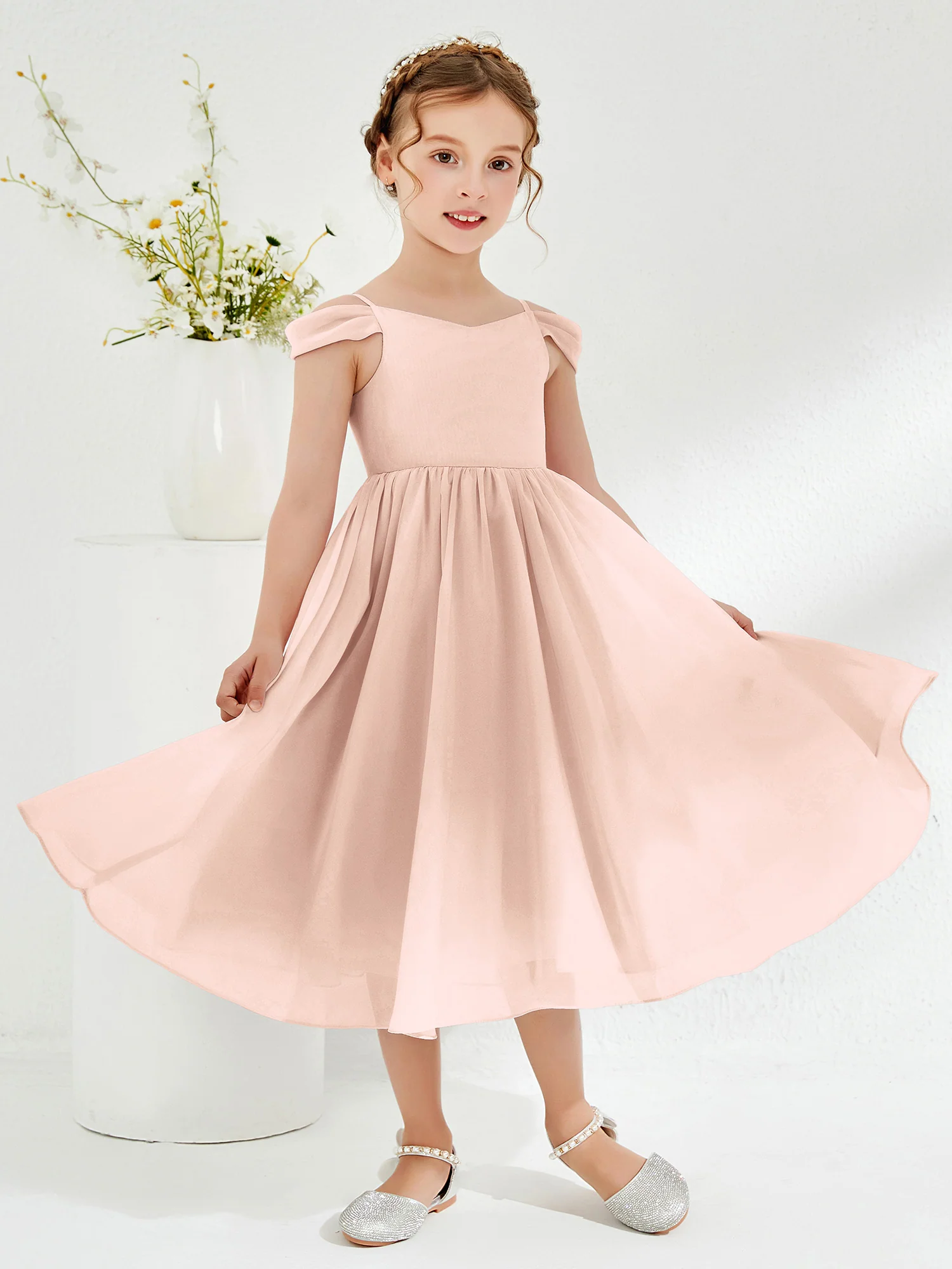 Off-the-shoulder Pleated Girl's Dress Pearl Pink - Image 3