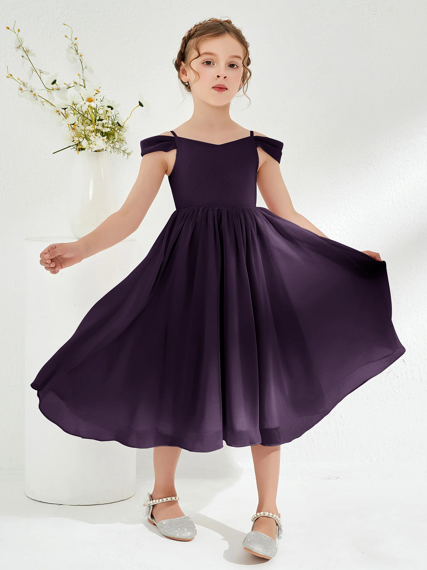Off-the-shoulder Pleated Girl's Dress Plum