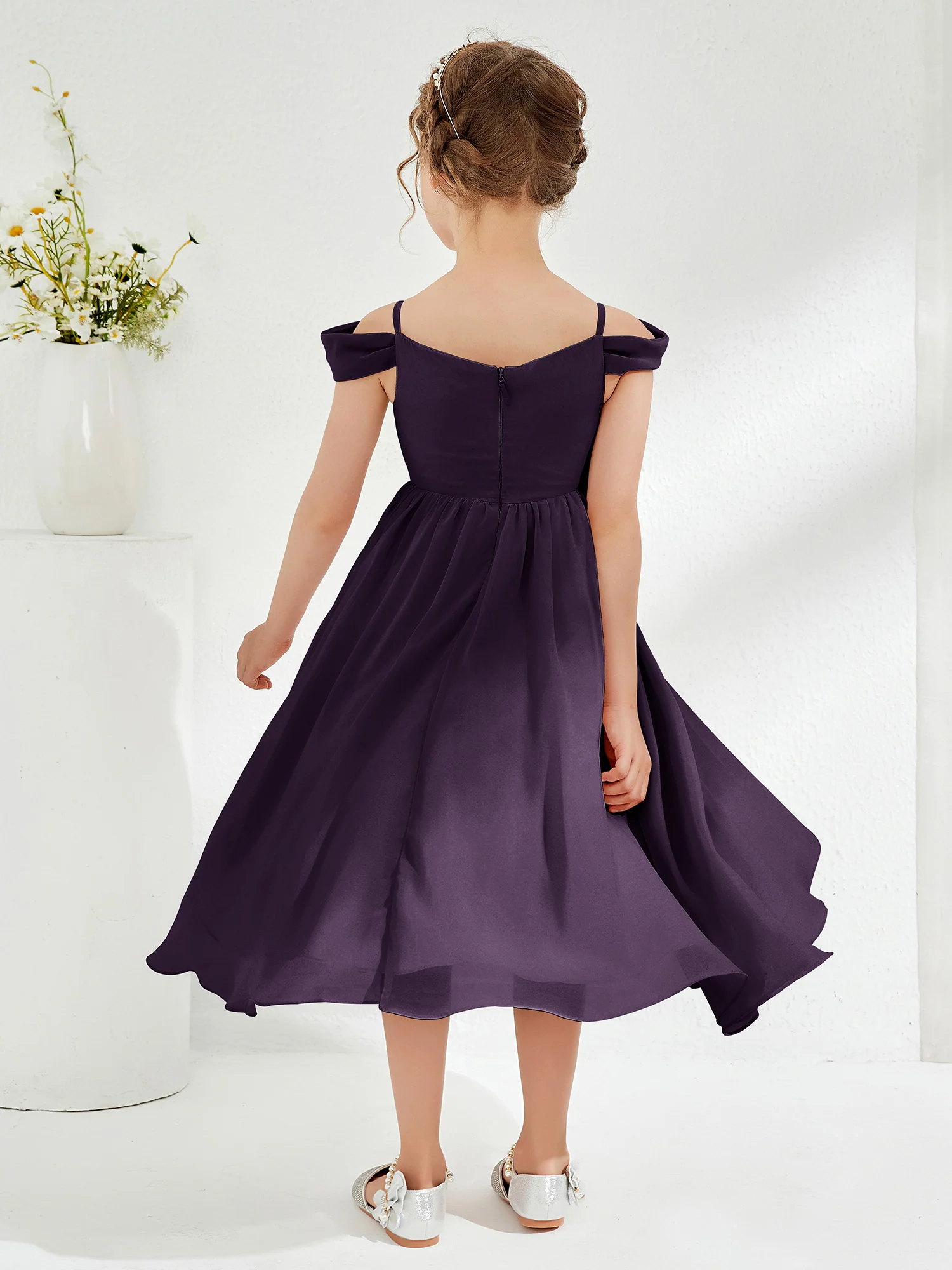 Off-the-shoulder Pleated Girl's Dress Plum - Image 2