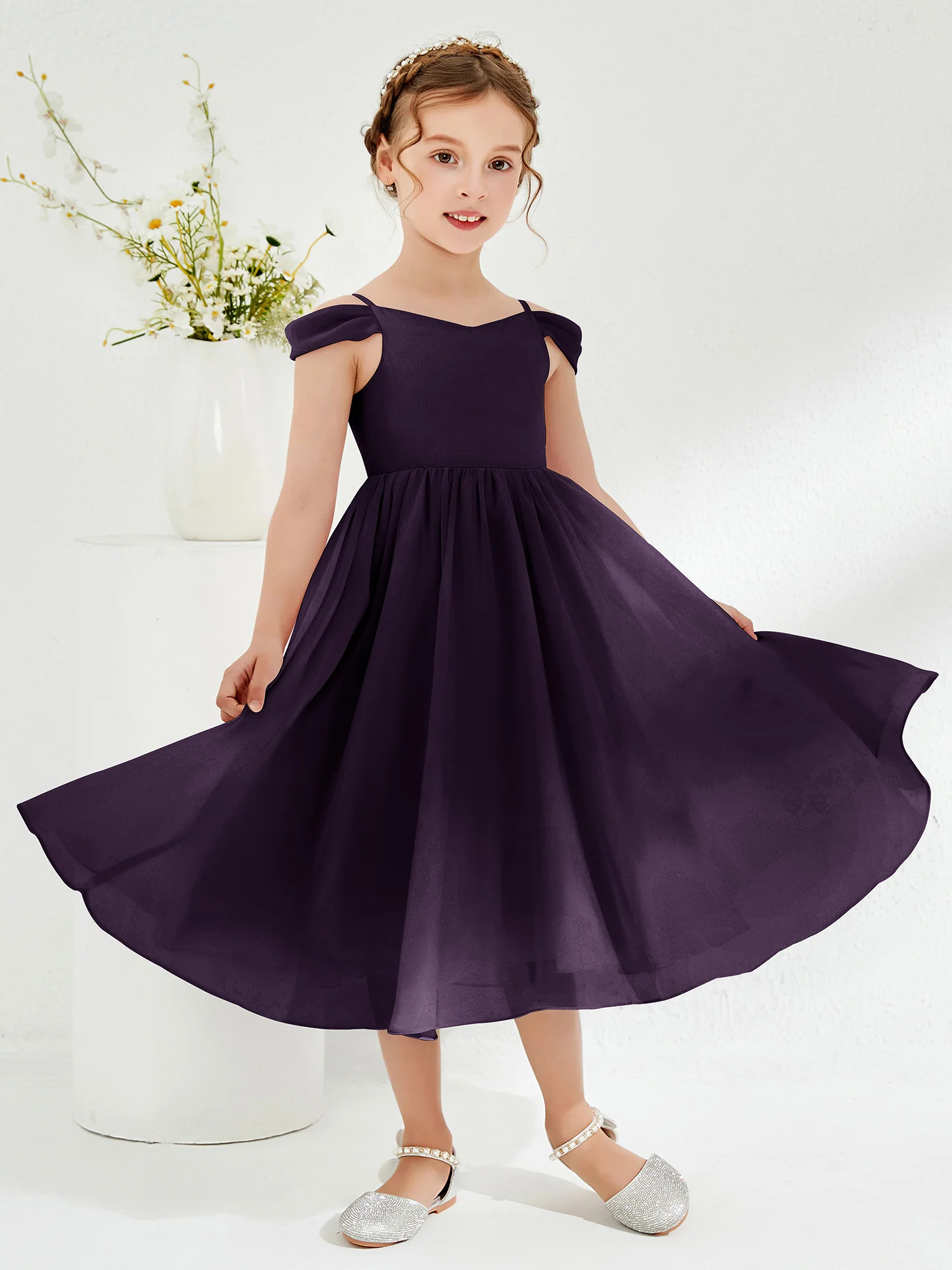 Off-the-shoulder Pleated Girl's Dress Plum - Image 3