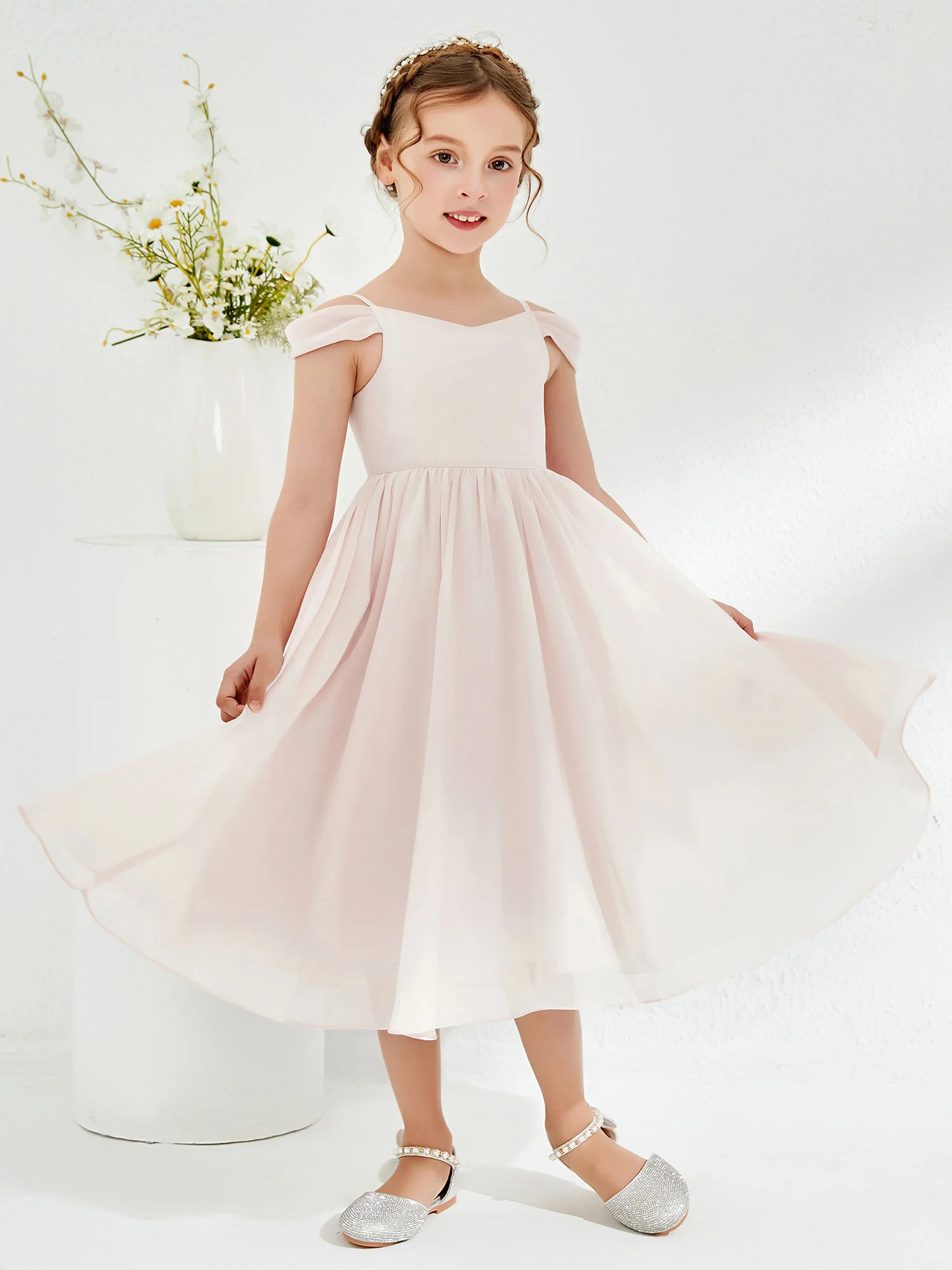Off-the-shoulder Pleated Girl's Dress Rose Petal - Image 3