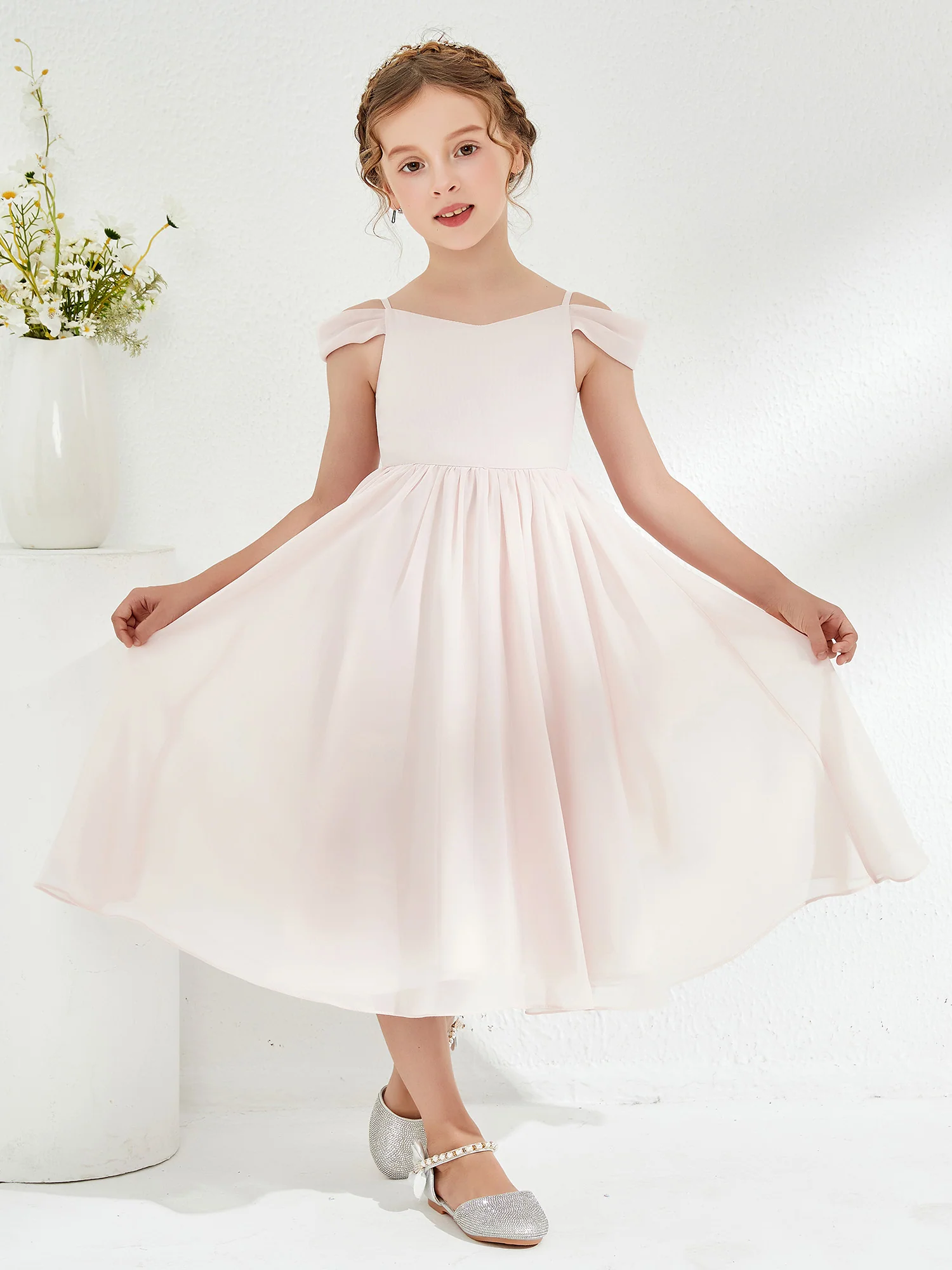 Off-the-shoulder Pleated Girl's Dress Rose Petal - Image 4