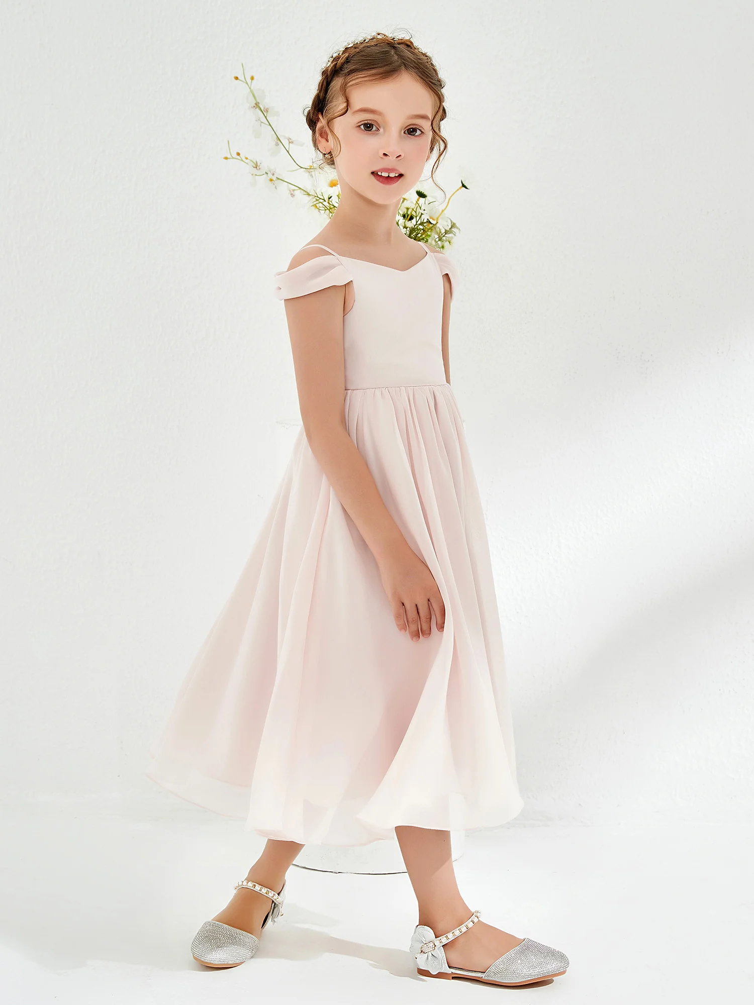 Off-the-shoulder Pleated Girl's Dress Rose Petal - Image 5