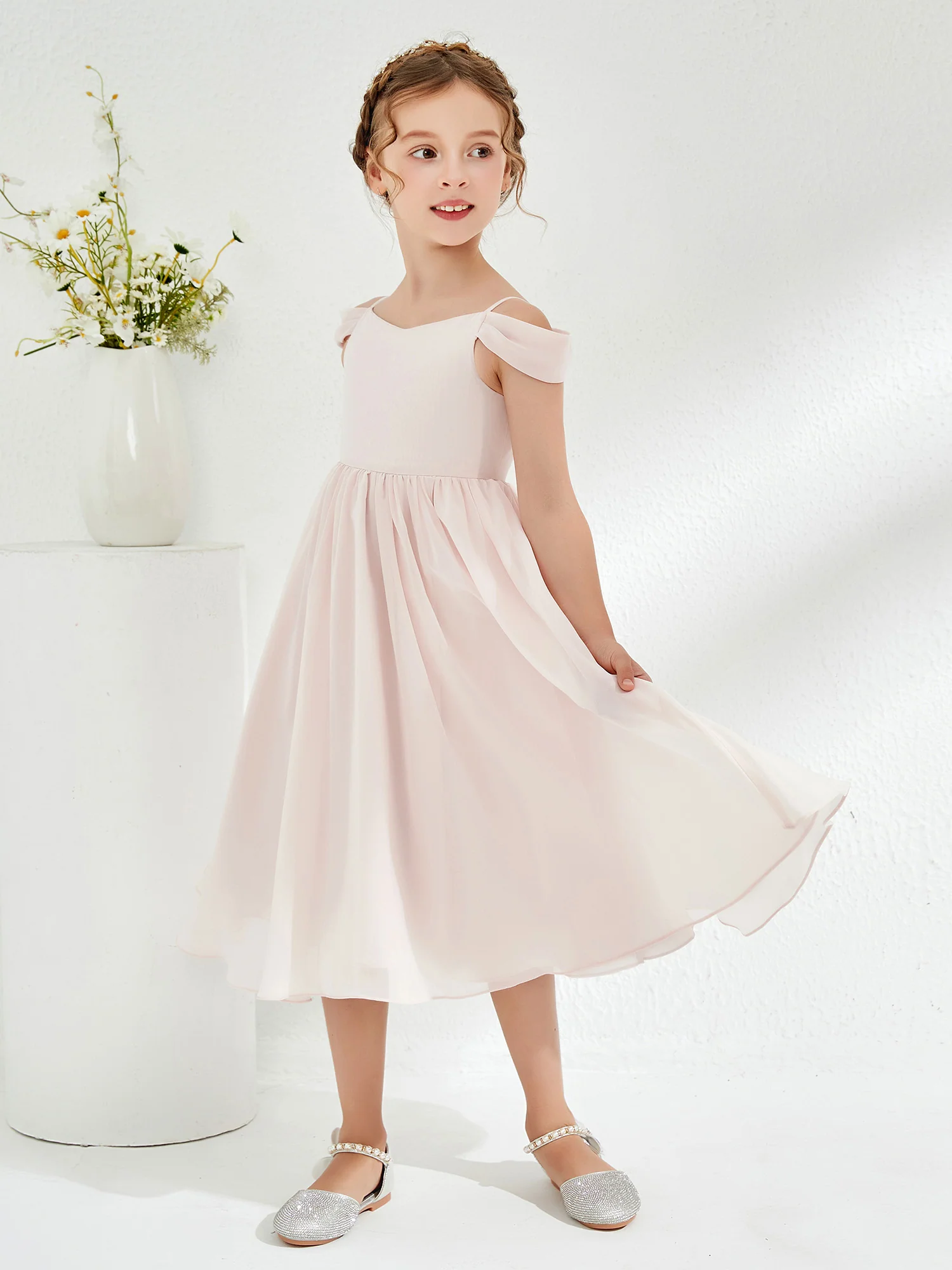 Off-the-shoulder Pleated Girl's Dress Rose Petal - Image 6