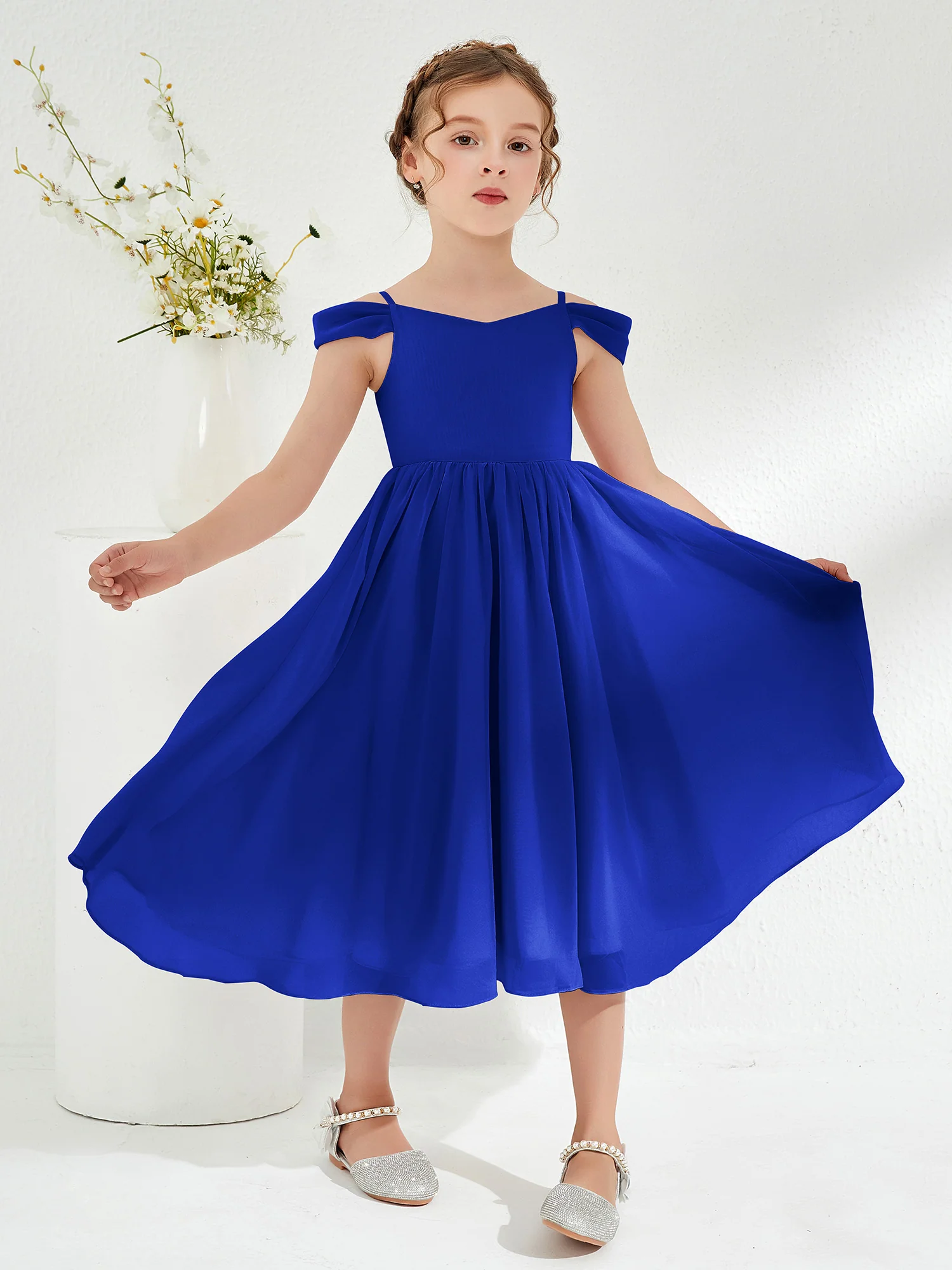 Off-the-shoulder Pleated Girl's Dress Royal Blue