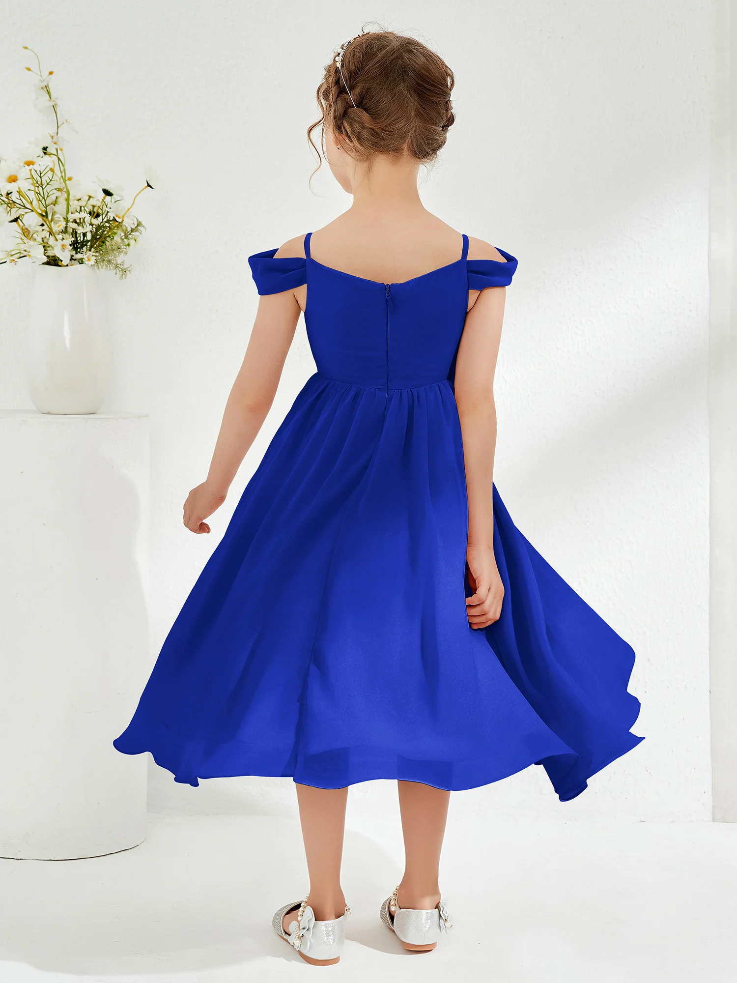 Off-the-shoulder Pleated Girl's Dress Royal Blue - Image 2