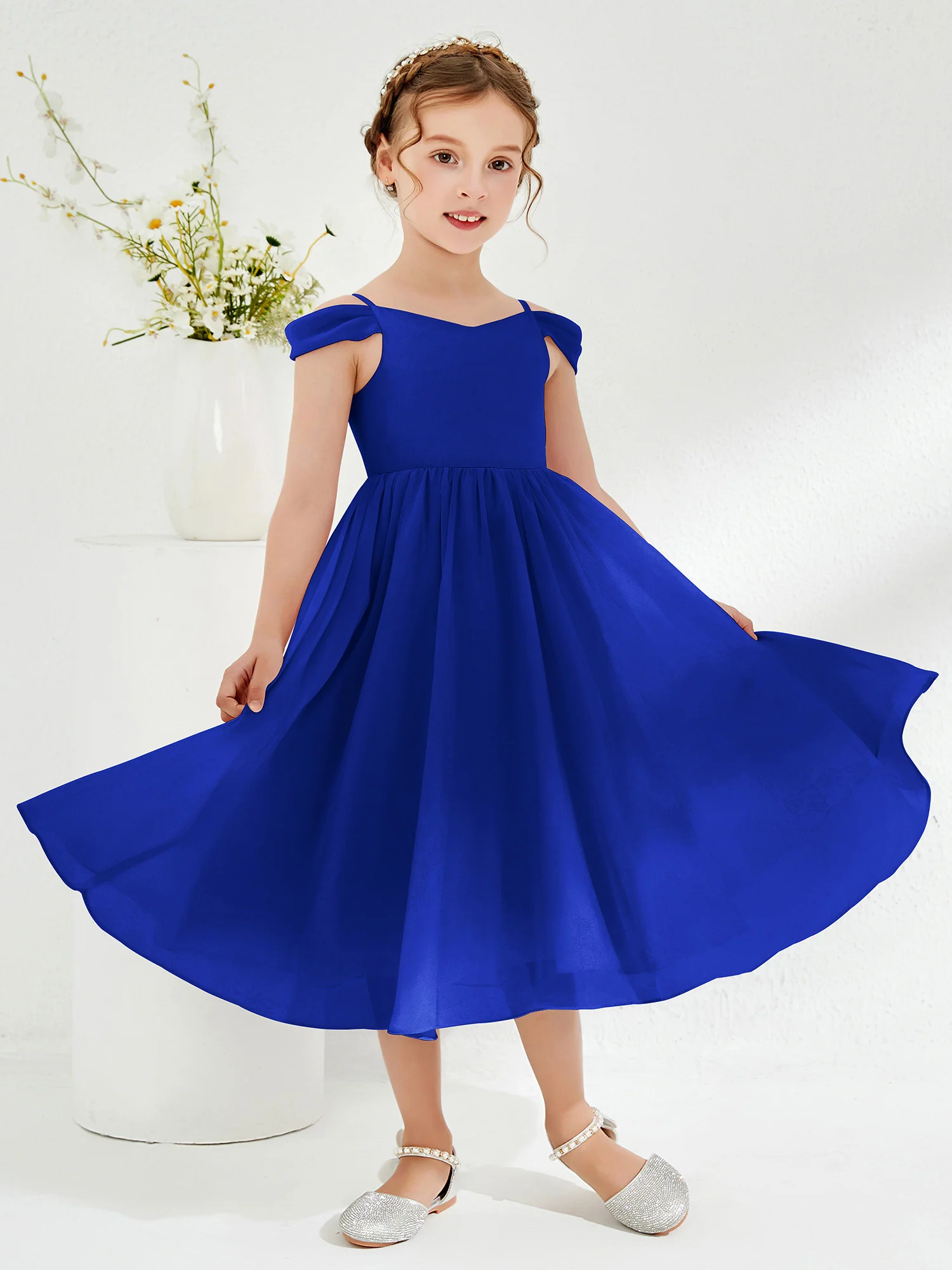 Off-the-shoulder Pleated Girl's Dress Royal Blue - Image 3